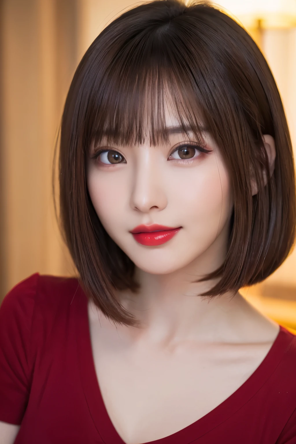 (highest quality、table top、8k、best image quality、Award-winning work)、(one young girl, 14 years old:1.3)、(Perfect V-neck red long knit sweater:1.2)、(red eyeshadow:1.2)、perfect makeup、long eyelashes、Super high-definition sparkling eyes、ultra high definition hair、ultra high resolution glossy lips、Super high resolution perfect teeth、Super high resolution cute face、brown hair、(very short straight hair:1.1)、look at me and smile、[clavicle]、accurate anatomy、(close up of face:1.5)、Luxury love hotel、(The most moody warm lighting:1.2)、blurred background、With bangs、Super high-resolution glossy and moisturized face、Super high resolution glowing skin、most detailed face、Ultra high resolution detailed faces、ultra high resolution hair、Super high resolution sparkling eyes、Beautiful face drawn in every detail、Super high resolution glossy red lips