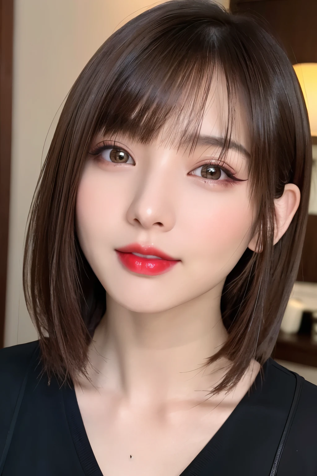 (highest quality、table top、8k、best image quality、Award-winning work)、(one young girl, :1.3)、(Perfect V-neck red long knit sweater:1.2)、(red eyeshadow:1.2)、perfect makeup、long eyelashes、Super high-definition sparkling eyes、ultra high definition hair、ultra high resolution glossy lips、Super high resolution perfect teeth、Super high resolution cute face、brown hair、(very short straight hair:1.1)、look at me and smile、[clavicle]、accurate anatomy、(close up of face:1.5)、Luxury love hotel、(The most moody warm lighting:1.2)、blurred background、With bangs、Super high-resolution glossy and moisturized face、Super high resolution glowing skin、most detailed face、Ultra high resolution detailed faces、ultra high resolution hair、Super high resolution sparkling eyes、Beautiful face drawn in every detail、Super high resolution glossy red lips