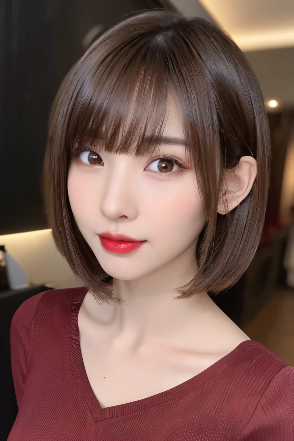 (highest quality、table top、8k、best image quality、Award-winning work)、(one young girl, :1.3)、(Perfect V-neck red long knit sweater:1.2)、(red eyeshadow:1.2)、perfect makeup、long eyelashes、Super high-definition sparkling eyes、ultra high definition hair、ultra high resolution glossy lips、Super high resolution perfect teeth、Super high resolution cute face、brown hair、(very short straight hair:1.1)、look at me and smile、[clavicle]、accurate anatomy、(close up of face:1.5)、Luxury love hotel、(The most moody warm lighting:1.2)、blurred background、With bangs、Super high-resolution glossy and moisturized face、Super high resolution glowing skin、most detailed face、Ultra high resolution detailed faces、ultra high resolution hair、Super high resolution sparkling eyes、Beautiful face drawn in every detail、Super high resolution glossy red lips