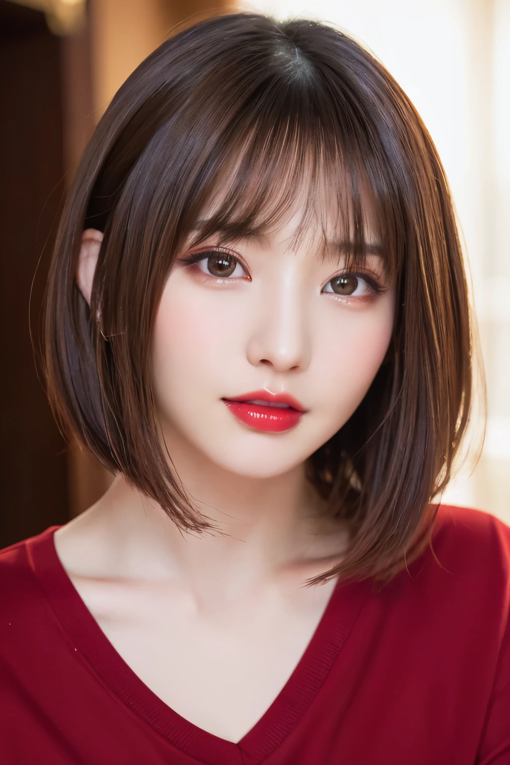 (highest quality、table top、8k、best image quality、Award-winning work)、(one young girl, :1.3)、(Perfect V-neck red long knit sweater:1.2)、(red eyeshadow:1.2)、perfect makeup、long eyelashes、Super high-definition sparkling eyes、ultra high definition hair、ultra high resolution glossy lips、Super high resolution perfect teeth、Super high resolution cute face、brown hair、(very short straight hair:1.1)、look at me and smile、[clavicle]、accurate anatomy、(close up of face:1.5)、Luxury love hotel、(The most moody warm lighting:1.2)、blurred background、With bangs、Super high-resolution glossy and moisturized face、Super high resolution glowing skin、most detailed face、Ultra high resolution detailed faces、ultra high resolution hair、Super high resolution sparkling eyes、Beautiful face drawn in every detail、Super high resolution glossy red lips