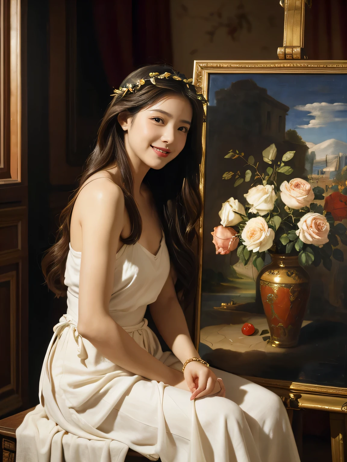 Giorgione painting style,roses in vase、fruits、Cute trinkets、smile、ancient greek costume、Clothes that stretch your shoulders、A big smile、beautiful bare skin,Female painter painting oil in her studio,Woman painting in oil with oil brush and palette,Woman painting oil on canvas