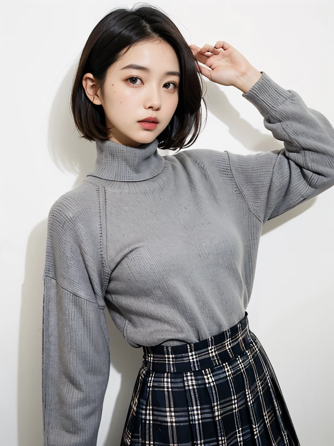 Arafe woman wearing a gray turtleneck sweater and plaid skirt, wearing a turtleneck, japanese model, kimi takemura, kiko mizuhara, wearing a sweater, yasumoto oka, wearing a sweater, Chiho, narumi kakinouchi, attractive pose, deayami kojima, young slender gravure idol, wears tight and simple clothes