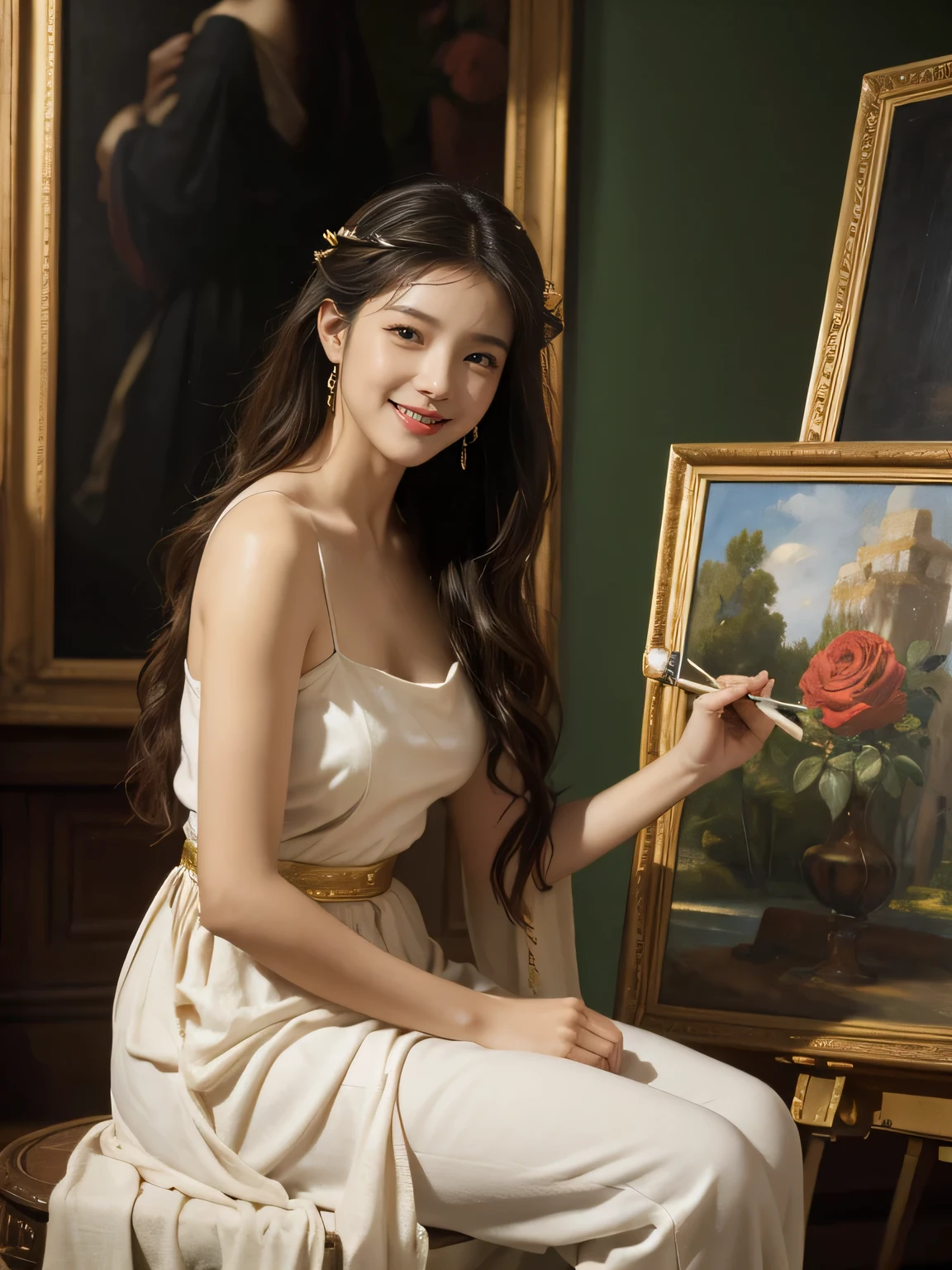 Giorgione painting style,roses in vase、fruits、Cute trinkets、smile、ancient greek costume、Clothes that stretch your shoulders、A big smile、beautiful bare skin,Female painter painting oil in her studio,Woman painting in oil with oil brush and palette,Woman painting oil on canvas