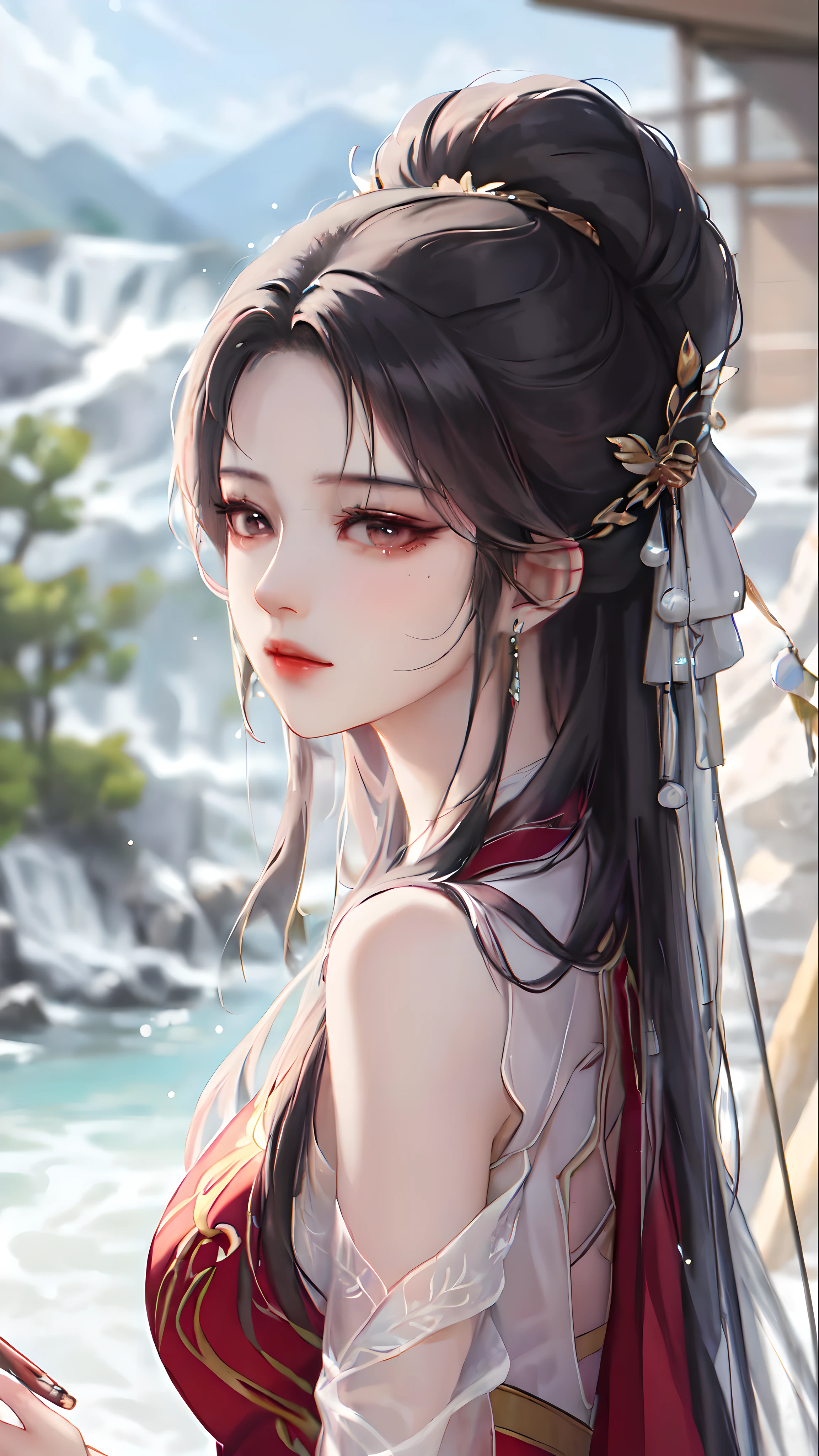 hero'A masterpiece in the style of ancient Wei Zi,Close-up of a woman with black hair,red dress,mystery,ancient rhyme,Beautiful epic character art,Presenting stunning aesthetics and antique atmosphere,The delicate brushstrokes and depth of field in the picture make you immersed in the scene,Fan Qiwu quasi-world can be regarded as the beauty of mountains and rivers,Liu Yifei,