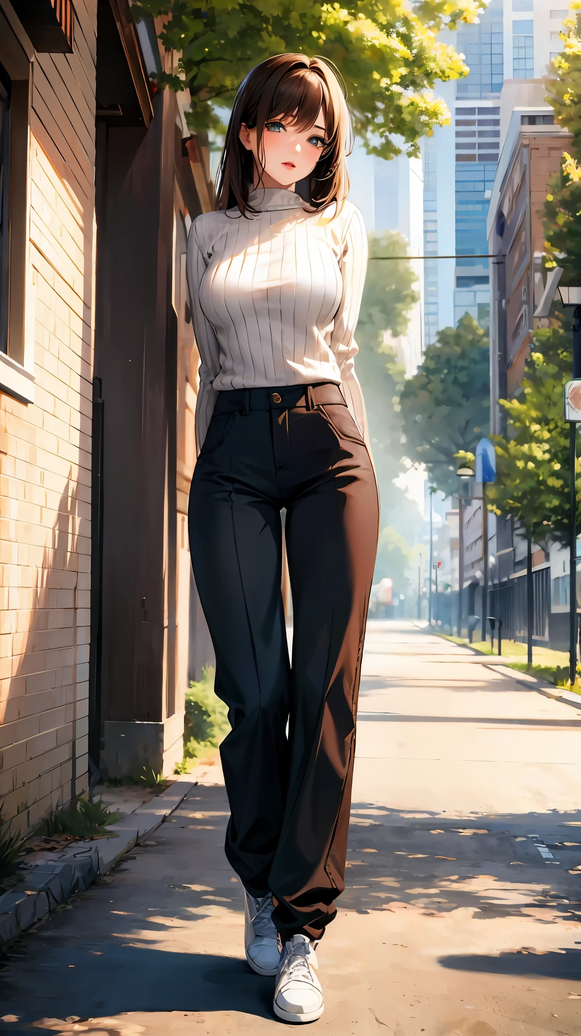 masterpiece,stunning realistic,best quality,sharpness,1girl,brown hair,light green eyes,middle large breasts,cropped sexy knitted sweater,(baggy pants:1.1),full body,standing in a park,front view,(arms back:1.1)