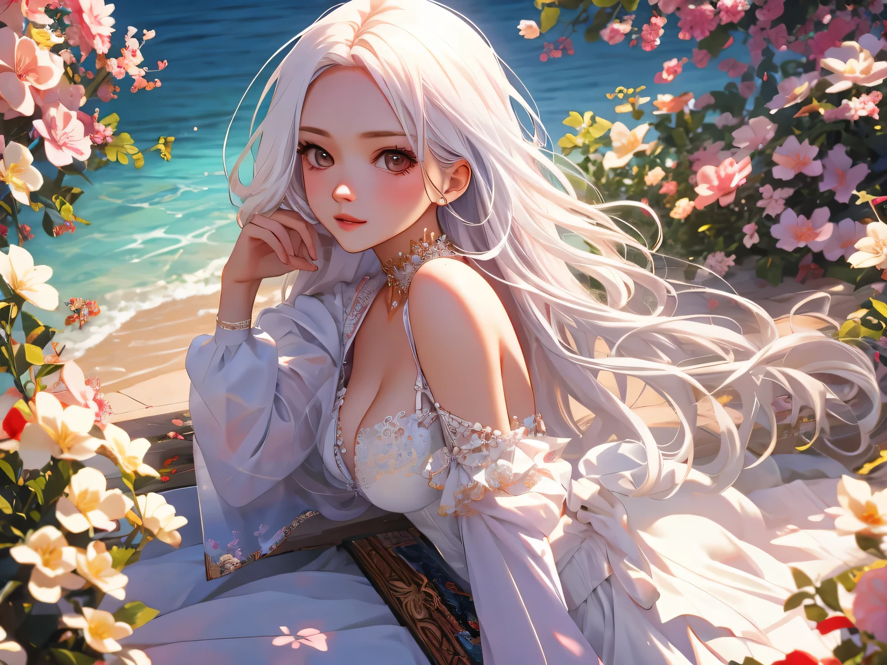 nsfw:1.1, high resolution:1.7, incredibly absurdres, kawaii:1, cute:1.5, hires.fix,anime visual:1,incredibly fine illustration,8k,masterpiece:1.2,best quality, high quality, exquisite, beautiful,insanely detailed, intricate detailed, extremely detailed, Super Definition,ultra high res, Super Resolution, best aesthetic, ultra detailed:1.5,best quality, perfect face, detailed face, masterpiece:1.2, illustration:1.2, 8k cg wallpaper, stunning art,absurdres,octane render,ultra hires,Actress,(Idol),18yo,Beautiful,(Cute and lovely),cute girl,White-haired long-haired royal sister swimsuit，Detailed rendering，extreme picture quality，The light and shadow details are perfectly expressed，Natural light effects，dynamic angle，Brilliant summer sun