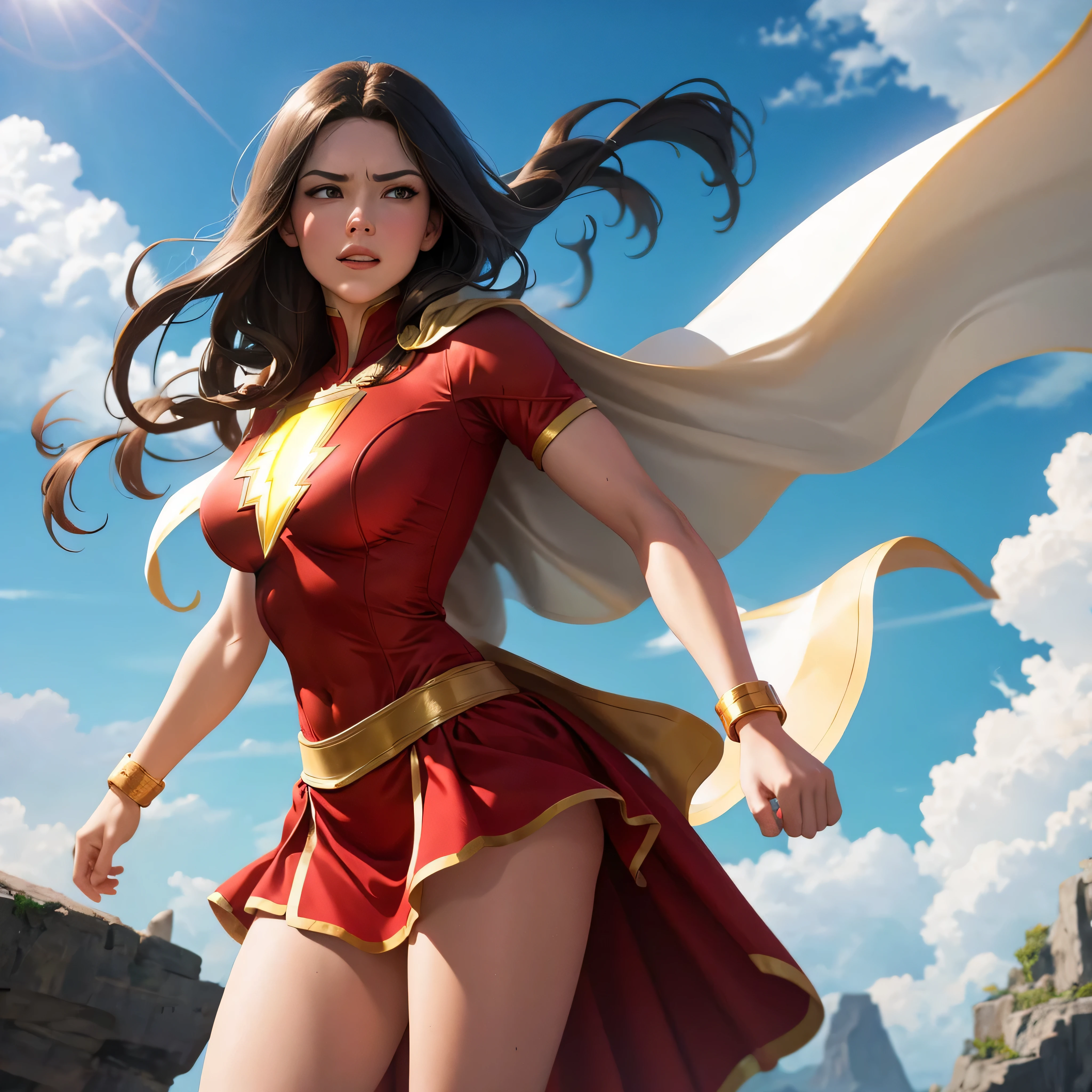 action scene,dynamic pose,masterpiece, best quality,  mary marvel, white cape, red dress, red skirt, short sleeves, bracer, large breasts, flex, looking at viewer, furrowed brow, grin, blue sky, clouds