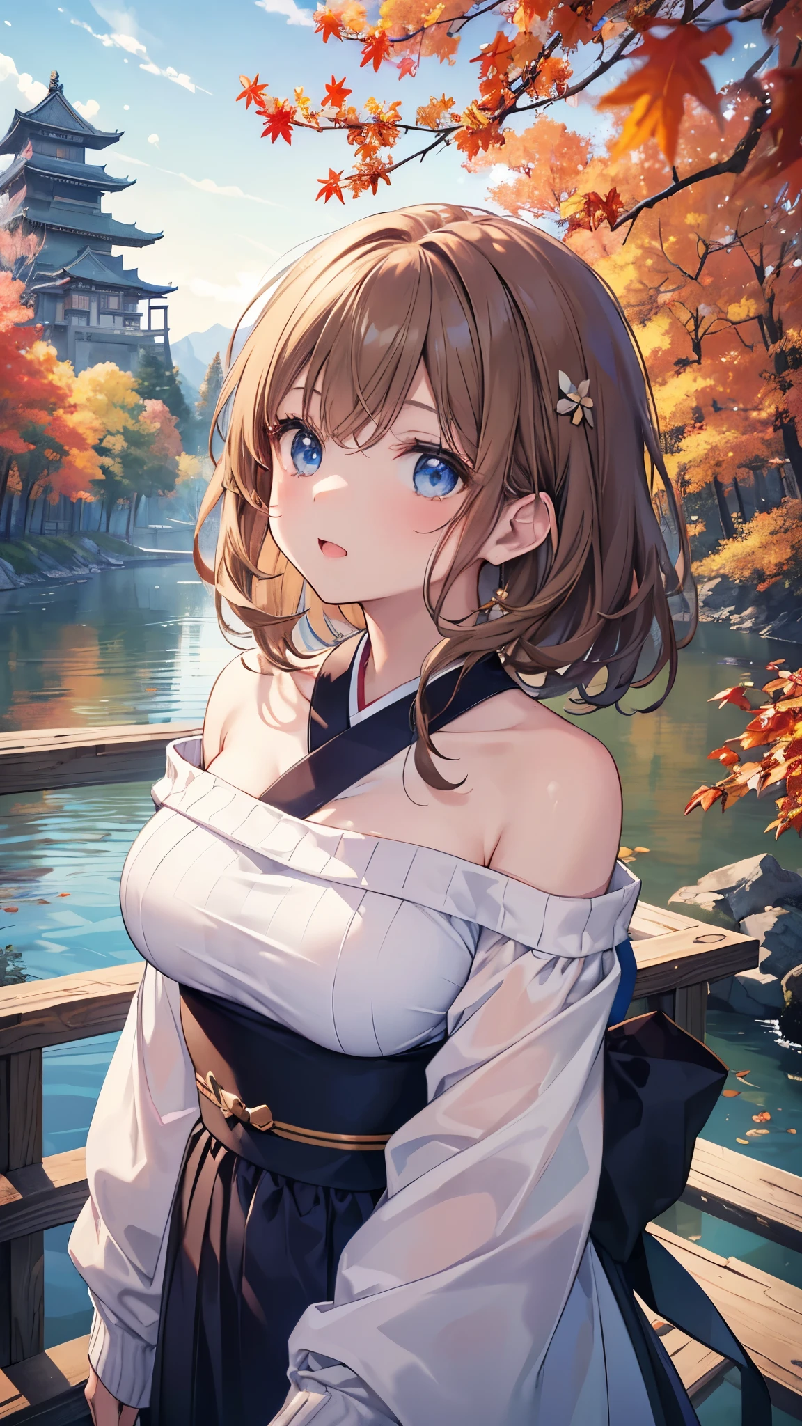 (highest quality), (masterpiece)、(Super detailed)、(beautiful girl alone)、(cute)、20-year-old、Take-out、(evening)、(Promenade in the nature park)、sweater、(off shoulder)、long sleeve、(outdoors)、(Lots of trees with autumn leaves)、light up、light brown hair、(blue eyes)、detailed eye、wide open eyes、detailed face、laughter、please empty your mouth、big breasts、hair length、(upper body shot)、Japanese castle in the background、standing on the bridge、(look up:1.3)