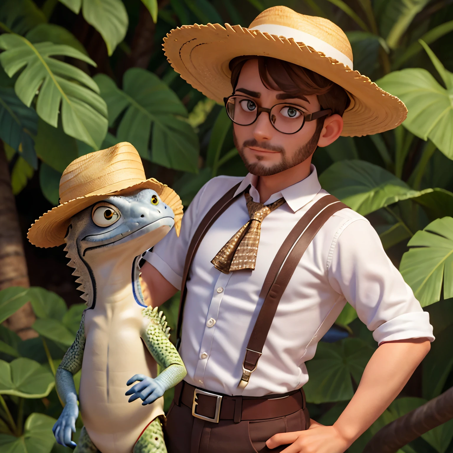 a 30 year old man, with short brown hair,Cara de diamante, mirada estricta, y ojos marrones, vistiendo camisa blanca con corbata y gafas. Es reportero de noticias. Accompanied by a young iguana that has a Colombian hat