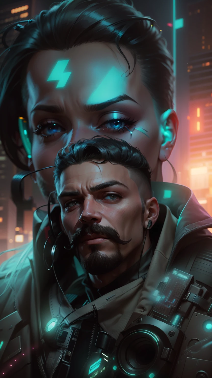 um close de um homem com bigode e colete de couro, arte cyberpunk ultrarrealista 8k, hyper-realistic estilo ciberpunk, retrato de um homem cyberpunk, estilo ciberpunk ， hiperrealista, personagem ciberpunk art, cara ciberpunk, retrato ciberpunk, personagem ciberpunk, cara ciberpunk, personagem ciberpunk design, cyberpunk hero, in estilo ciberpunk