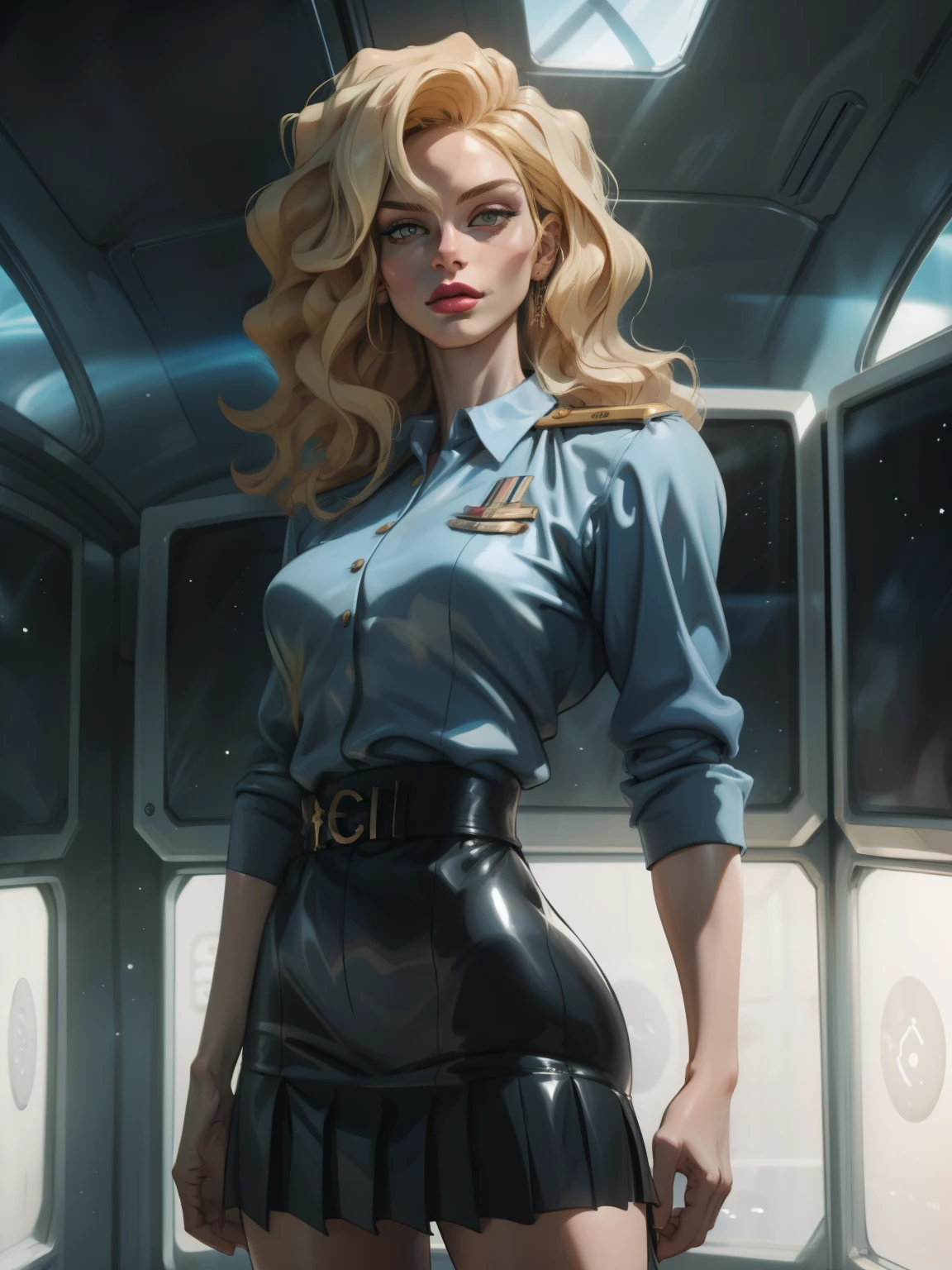 (highest resolution, distinct_image), best quality, masterpiece, highly detailed, semi realistic, a woman with curly blonde hair, mature woman, voluminous blonde hair, long hair, black uniform, black pleated skirt, military uniform, medals, magnificent military uniform, beautiful woman, spaceship space, control room, commander, godlike rays of light, dust particles, sub surface scattering 