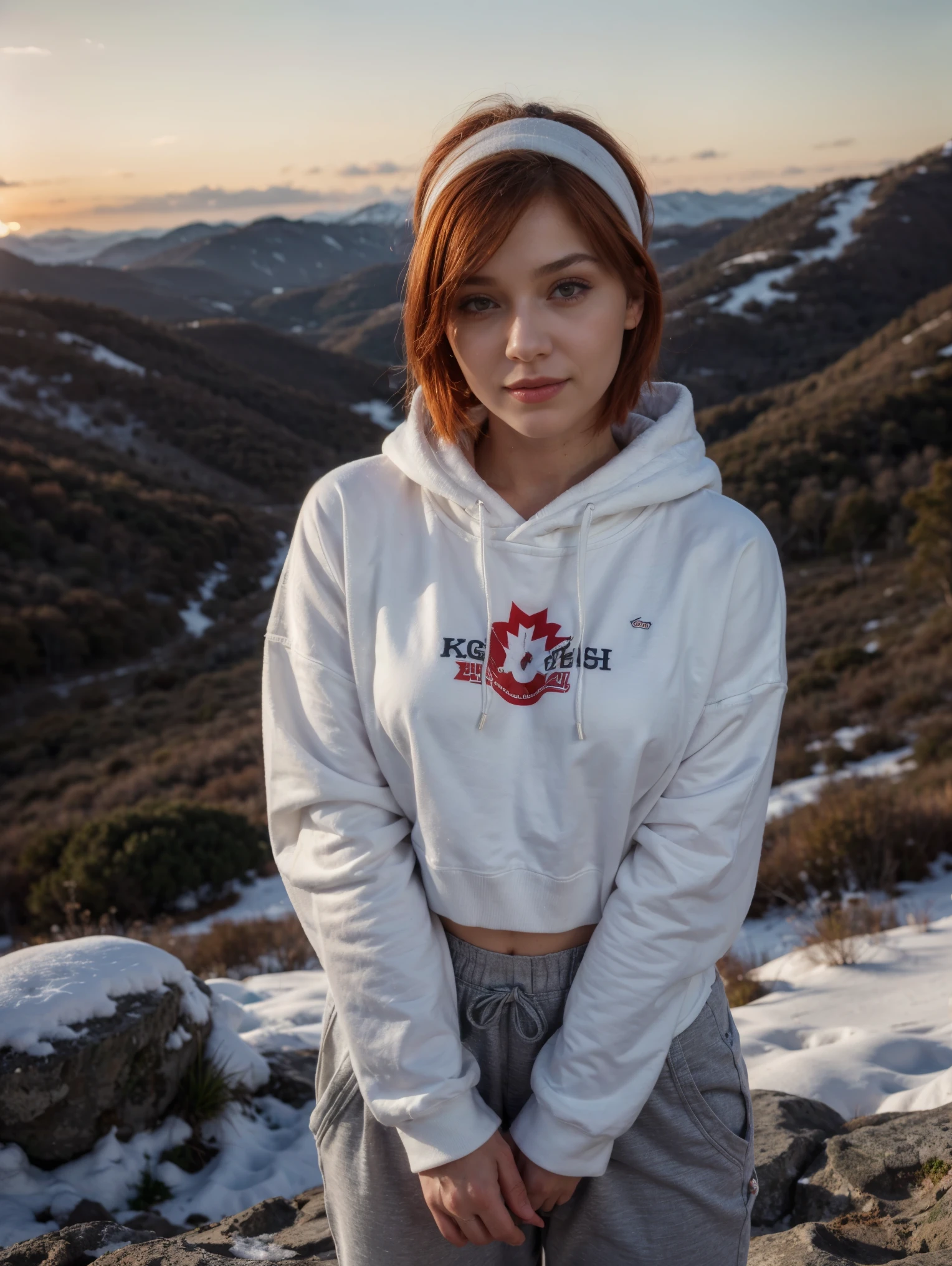 (perfect lighting, Perspectiva perfeita, 8k raw,Russian girl, Russian traits, natural red hair,1girl, maxilar bonito, Alto detalhado, peitos perfeitos, realistic, 8k raw,rosto detalhado, Red hair, olhando para o espectador, jewelry, (franja) sardas (olhos azuis) cabelo curto, corpo inteiro, short hair style, short red hair style) mountain, snow, winter, sunset, snowman, fully made up, sneakers, sweatshirt, headband, smiling, sweatpants, mountain top,