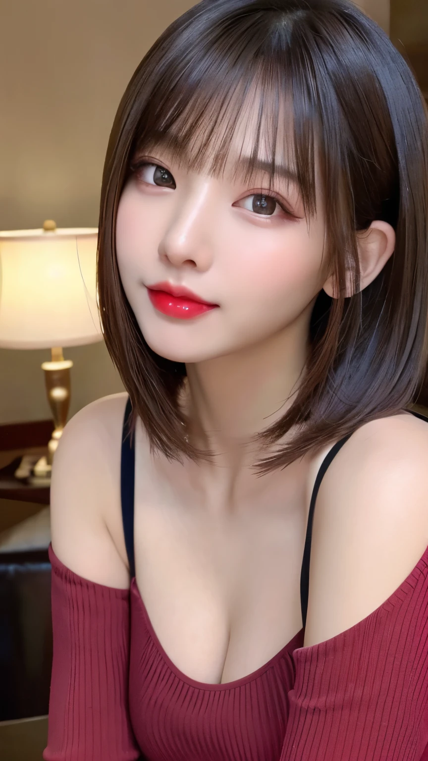 (highest quality、table top、8k、best image quality、Award-winning work)、(one young girl, :1.3)、(Perfect V-neck red long knit sweater:1.2)、(red eyeshadow:1.2)、perfect makeup、long eyelashes、Super high-definition sparkling eyes、ultra high definition hair、ultra high resolution glossy lips、Super high resolution perfect teeth、Super high resolution cute face、brown hair、(very short straight hair:1.1)、look at me and smile、[clavicle]、accurate anatomy、(close up of face:1.5)、Luxury love hotel、(The most moody warm lighting:1.2)、blurred background、With bangs、Super high-resolution glossy and moisturized face、Super high resolution glowing skin、most detailed face、Ultra high resolution detailed faces、ultra high resolution hair、Super high resolution sparkling eyes、Beautiful face drawn in every detail、Super high resolution glossy red lips