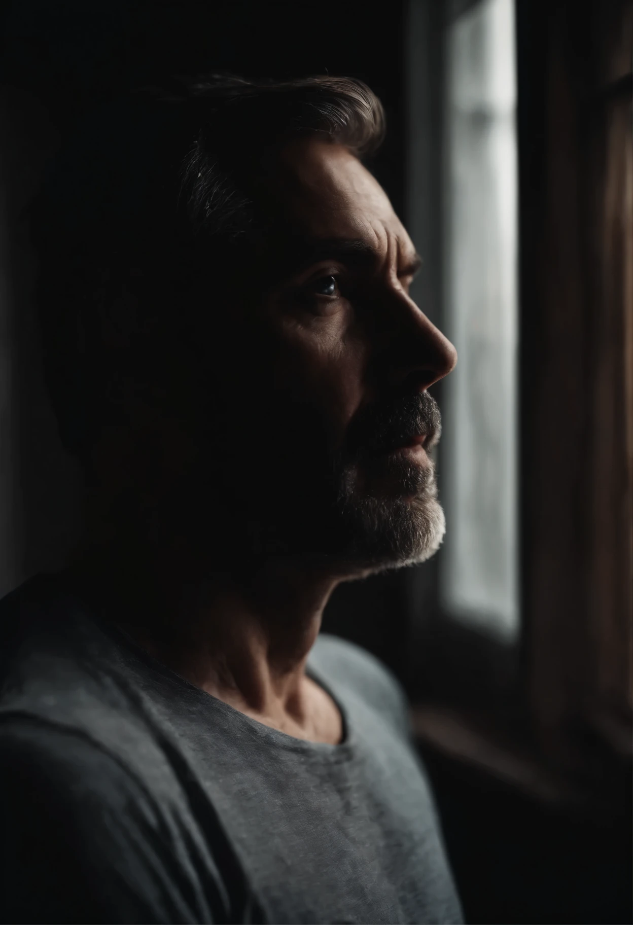 Father's portrait, In a dark room, looks at the window, wearing a gray shirt