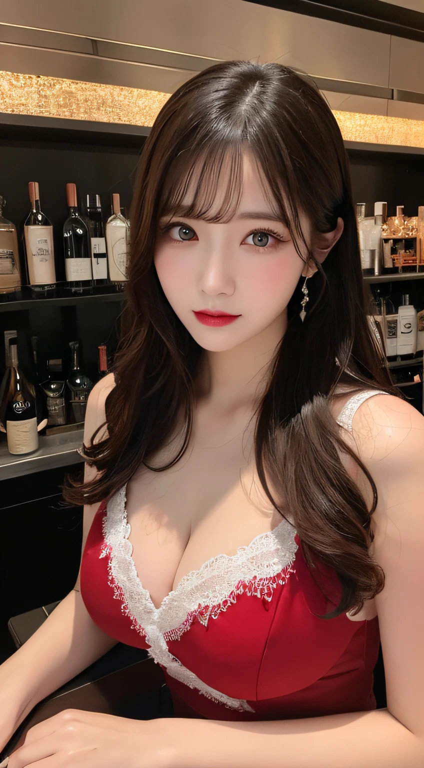 masterpiece, best quality, illustration, ultra-detailed, finely detail, highres, 8k wallpaper, perfect dynamic composition, beautiful detailed eyes, she is Hostesses, natural lip color, red gorgeous dress , big breasts , full body, in hostess bar, sexy face, have glass