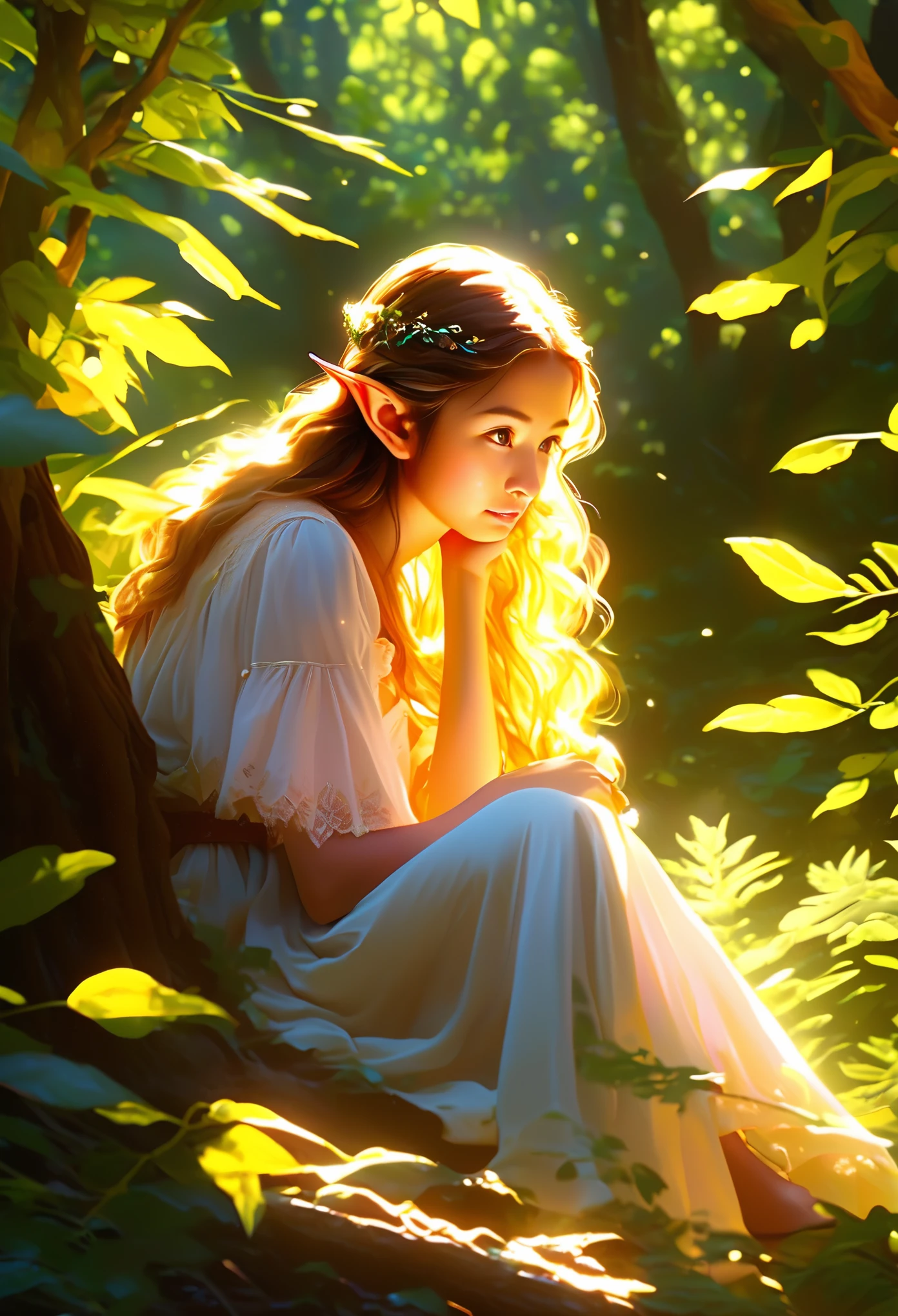 illustration，painting，acrylic painting，Tyndall effect，Tyndall lighting enhancement，Tyndall effect加强，close shot，Cute elf girl sitting in dense forest，look up，Beautiful and delicate face，Close-up strengthened，The sun shines through the branches and casts shadows on her face，Strong light and dark，Tyndall effect，Tyndall lighting enhancement，Tyndall effect加强，Realistic light rendering，Realistic ray tracing，Realistic light reflections，8k，Super fine，Super realistic，Extreme details，dynamic perspective