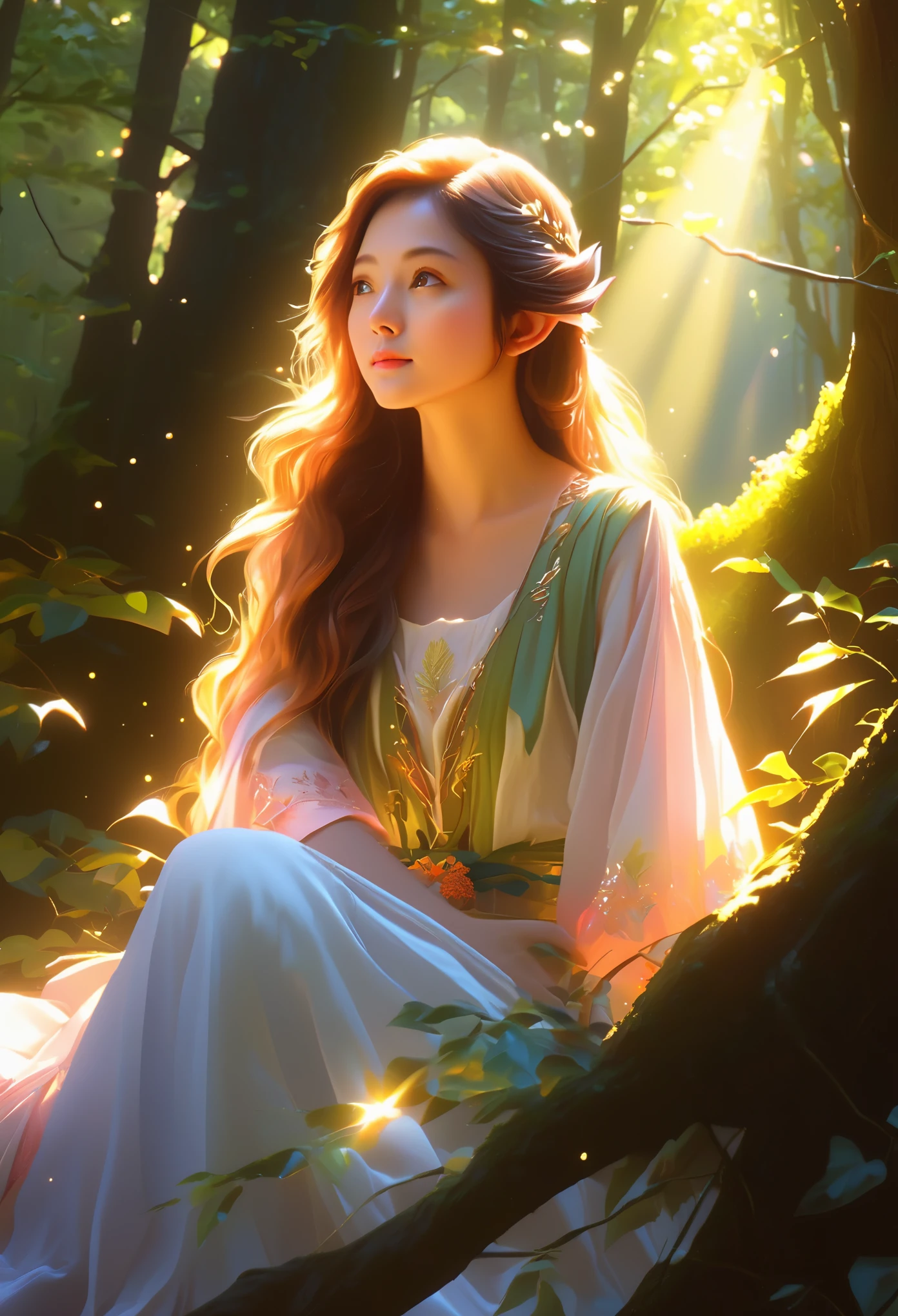 illustration,painting,acrylic painting,Tyndall effect,Tyndall lighting enhancement,Tyndall effect加强,close shot,Cute elf girl sitting in dense forest,look up,Beautiful and delicate face,Close-up strengthened,The sun shines through the branches and casts shadows on her face,Strong light and dark,Tyndall effect,Tyndall lighting enhancement,Tyndall effect加强,Realistic light rendering,Realistic ray tracing,Realistic light reflections,8k,Super fine,Super realistic,Extreme details,dynamic perspective