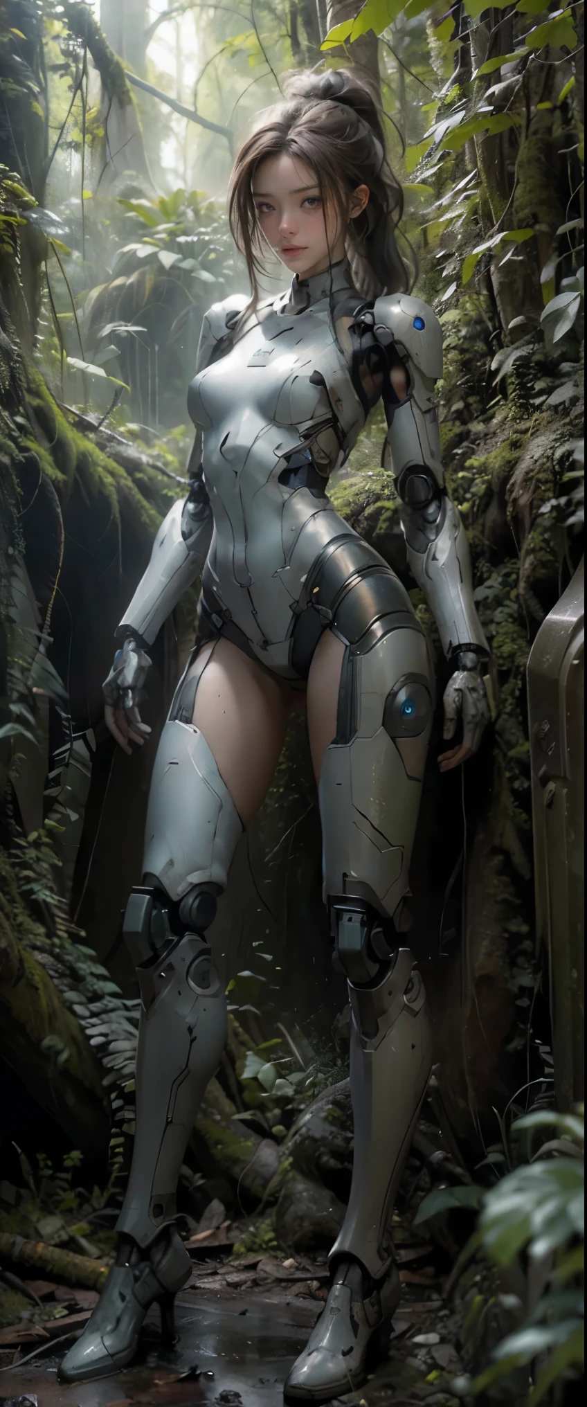 ((masterpiece, highest quality, Highest image quality, High resolution, photorealistic, Raw photo, 8K)), Abandoned robot soldier on battlefield, broken and immobile, rust and moss showing passage of time, female cyborg body, female body, biomechanical , extra detailed body, blowjob white mech, white biomechanical details, detailed body, shiny white armor, cybernetic body, eva unit-00 on back, full body details,