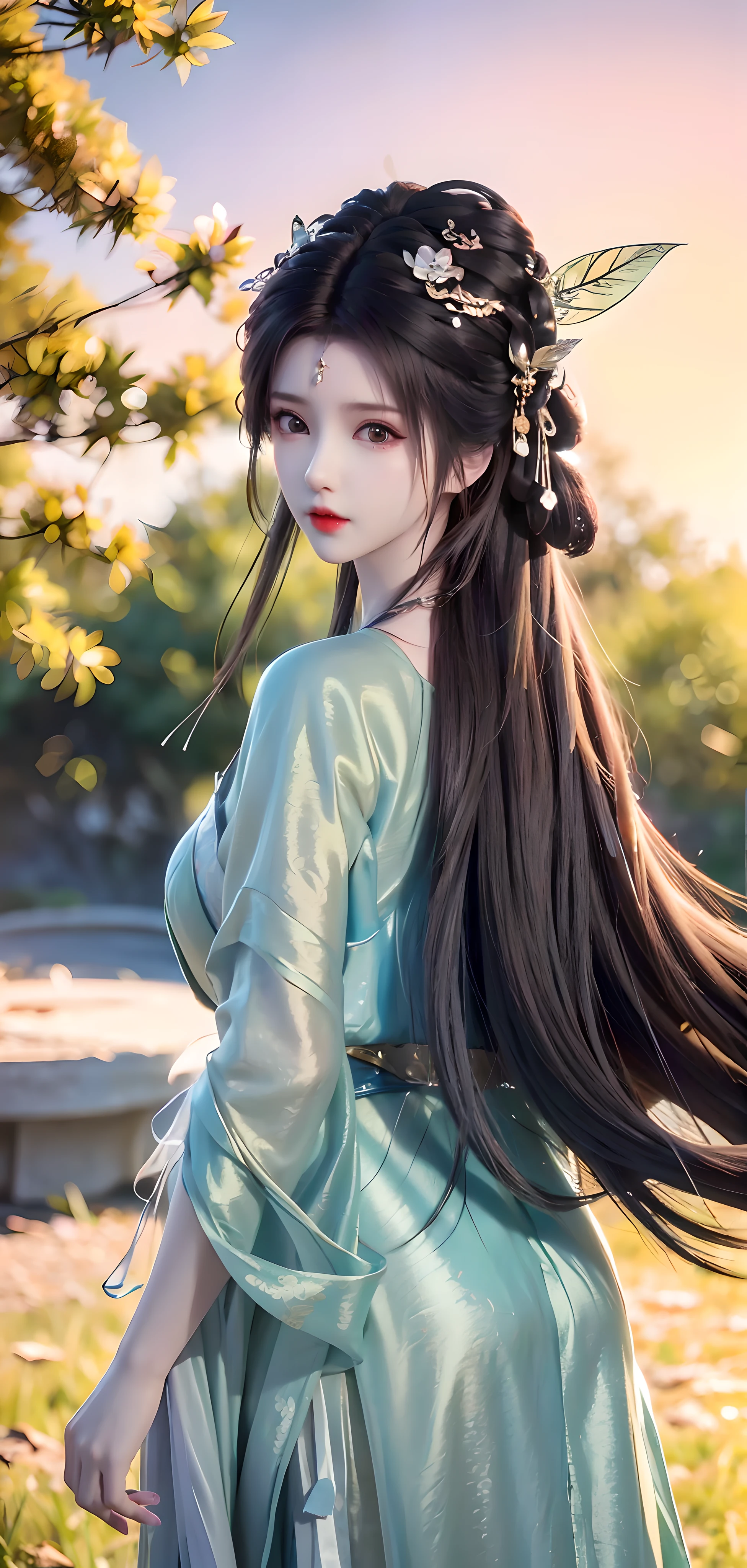 [:( High detail face:1.2):0.1], (8k, RAW photo, best quality, proficient:1.2), (actual, photo-actual:1.37), (((Back))),((upper Body)), best quality, high dynamic range, movie lighting, natural lighting, best quality, masterpiece, high resolution, 1 girl, soft, hair accessories, necklace, jewelry, pretty face, Body, Tyndall effect, realism,, edge lighting, Two-tone lighting, 8K Ultra HD, SLR camera, soft light, high quality, Volumetric lighting, photo, high resolution, 4k, 8k, Bokeh, ((Hanfu)),