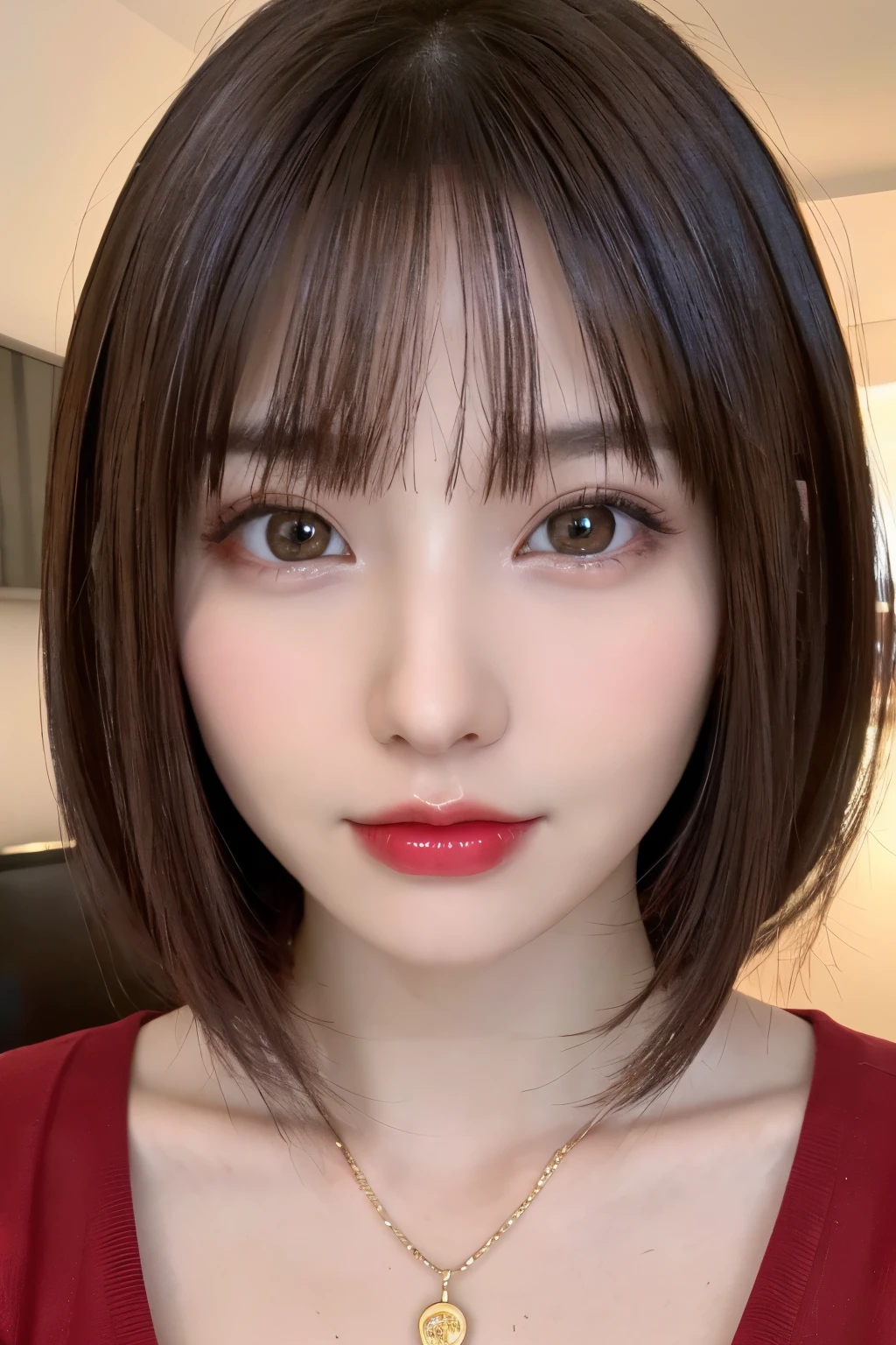 (highest quality、table top、8k、best image quality、Award-winning work)、(one young girl, :1.3)、(Perfect V-neck red long knit sweater:1.2)、(red eyeshadow:1.2)、perfect makeup、long eyelashes、Super high-definition sparkling eyes、ultra high definition hair、ultra high resolution glossy lips、Super high resolution perfect teeth、Super high resolution cute face、brown hair、(very short straight hair:1.1)、look at me and smile、[clavicle]、accurate anatomy、(close up of face:1.5)、Luxury love hotel、(The most moody warm lighting:1.2)、blurred background、With bangs、Super high-resolution glossy and moisturized face、Super high resolution glowing skin、most detailed face、Ultra high resolution detailed faces、ultra high resolution hair、Super high resolution sparkling eyes、Beautiful face drawn in every detail、Super high resolution glossy red lips、big breasts、cleavage