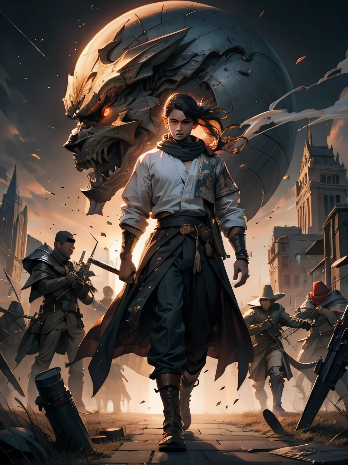 male warrior, delicate face, boy with outstanding figure, Wear a white headscarf, Batik long shirt, white robe, Use a dagger, heroic, battlefield , dramatic sunset, smokes, Surrounded by battles, full body view,stand up