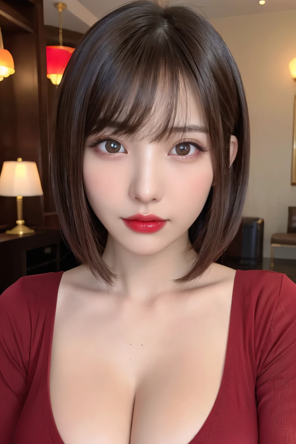 (highest quality、table top、8k、best image quality、Award-winning work)、(one young girl, 14 years old:1.3)、(Perfect V-neck red long knit sweater:1.2)、(red eyeshadow:1.2)、perfect makeup、long eyelashes、Super high-definition sparkling eyes、ultra high definition hair、ultra high resolution glossy lips、Super high resolution perfect teeth、Super high resolution cute face、brown hair、(very short straight hair:1.1)、look at me and smile、[clavicle]、accurate anatomy、(close up of face:1.5)、Luxury love hotel、(The most moody warm lighting:1.2)、blurred background、With bangs、Super high-resolution glossy and moisturized face、Super high resolution glowing skin、most detailed face、Ultra high resolution detailed faces、ultra high resolution hair、Super high resolution sparkling eyes、Beautiful face drawn in every detail、Super high resolution glossy red lips、big breasts、cleavage
