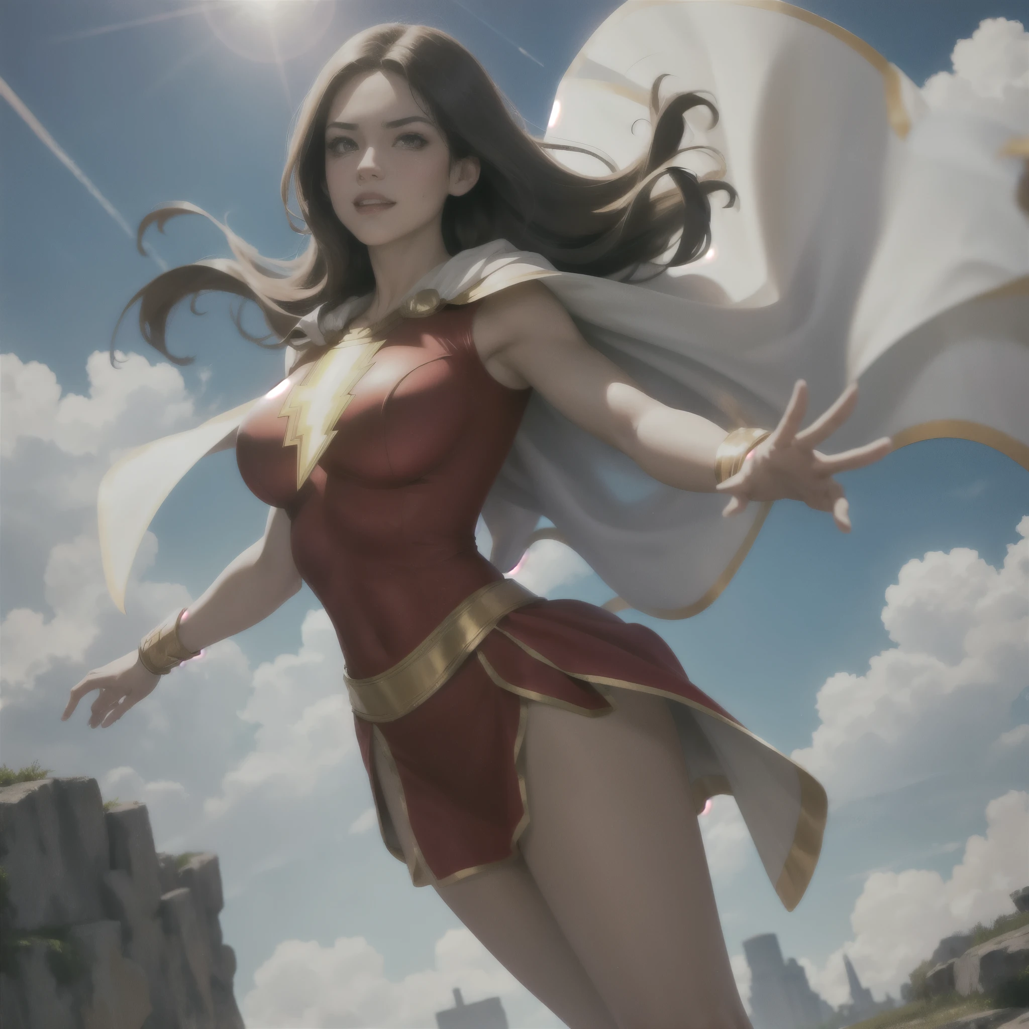 action scene,dynamic pose,masterpiece, best quality,  mary marvel, white cape, red dress, red skirt, short sleeves, bracer, large breasts, flex, looking at viewer, furrowed brow, grin, blue sky, clouds