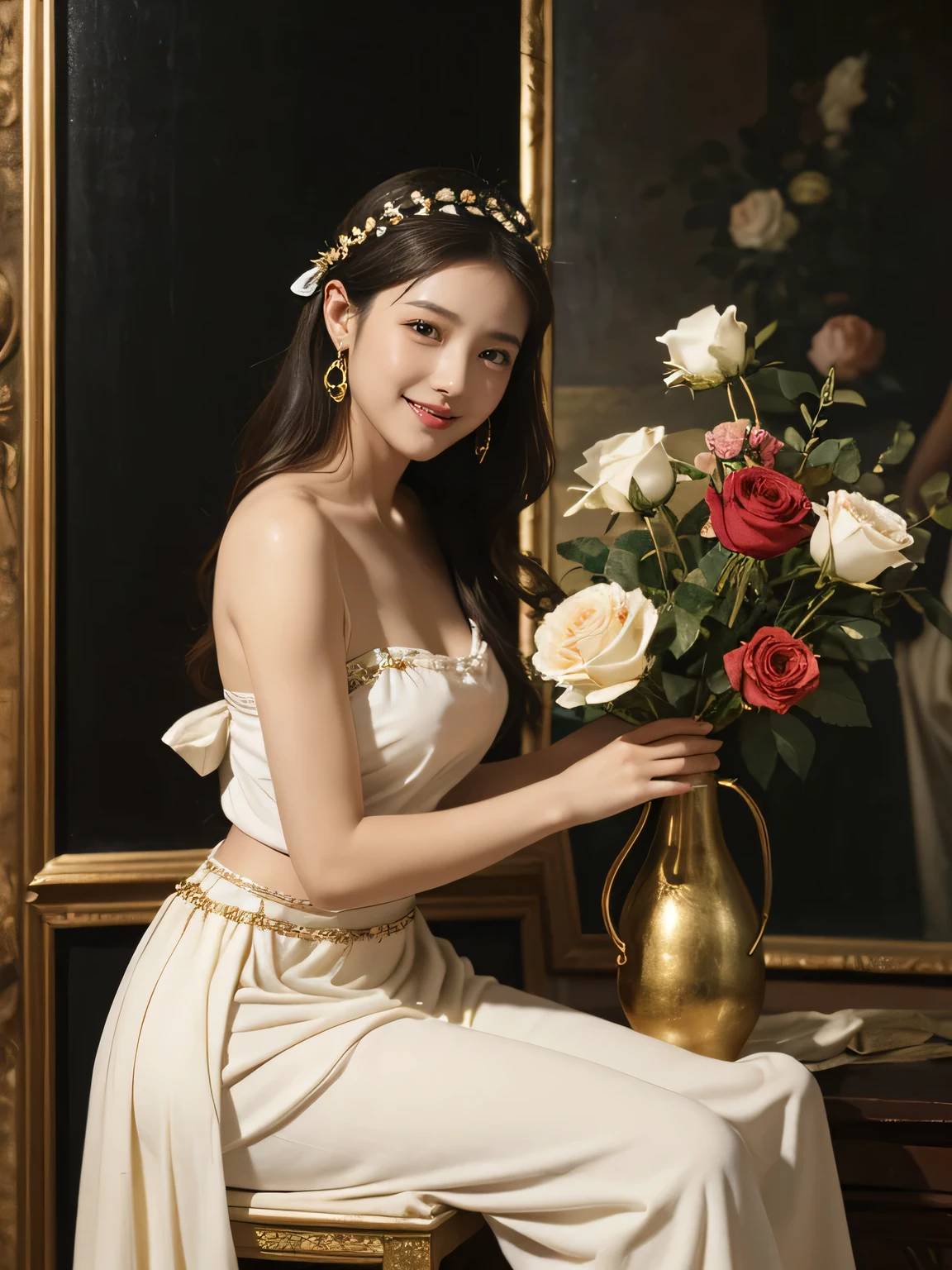 Giorgione painting style,roses in vase、fruits、Cute trinkets、smile、ancient greek costume、Clothes that stretch your shoulders、A big smile、beautiful bare skin,Female painter painting oil in her studio,Woman painting in oil with oil brush and palette,Woman painting oil on canvas