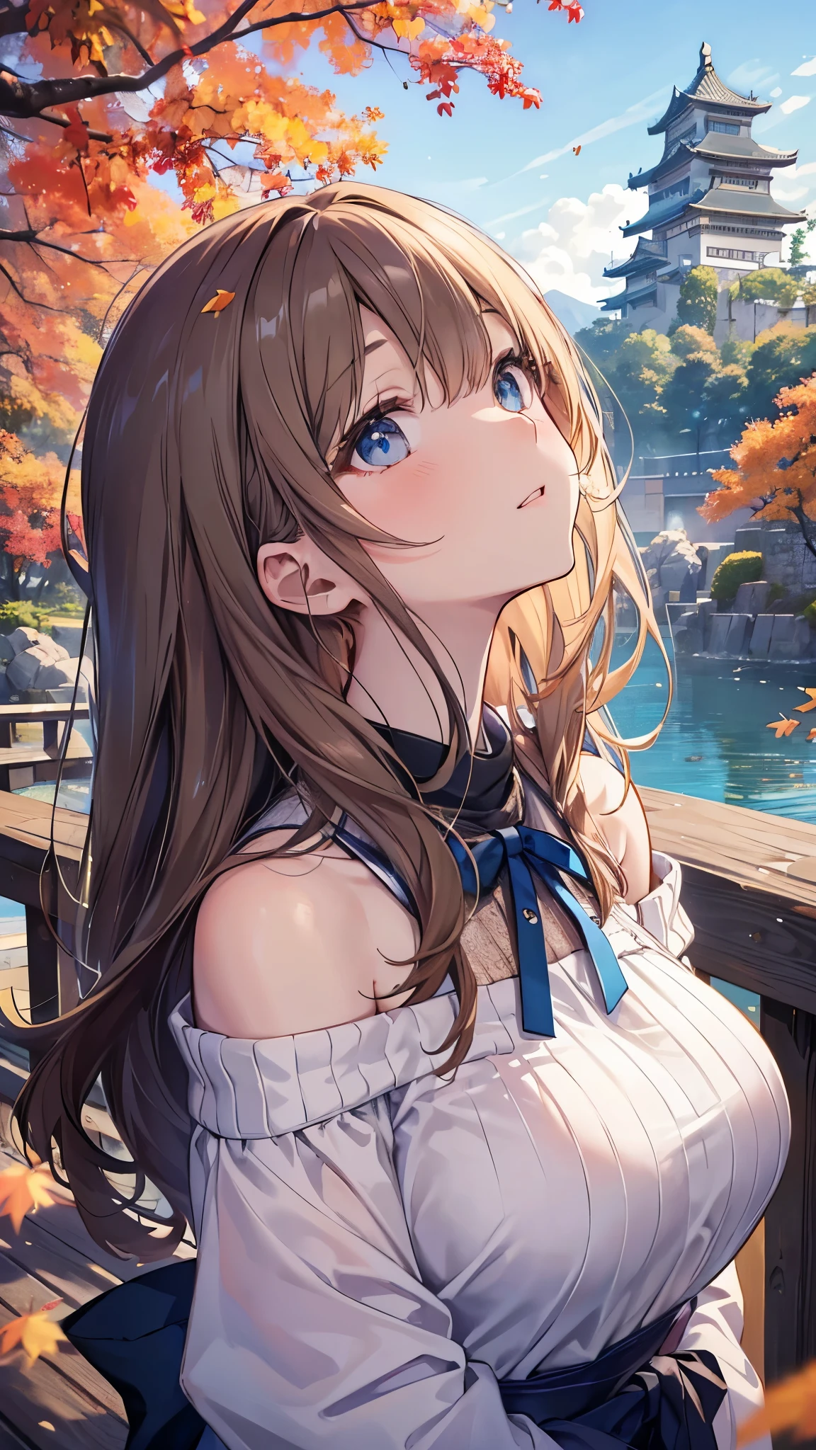 (highest quality), (masterpiece)、(Super detailed)、(beautiful girl alone)、(cute)、20-year-old、Take-out、(evening)、(Promenade in the nature park)、sweater、(off shoulder)、long sleeve、(outdoors)、(Lots of trees with autumn leaves)、light up、light brown hair、(blue eyes)、detailed eye、wide open eyes、detailed face、laughter、please empty your mouth、big breasts、hair length、(upper body shot)、Japanese castle in the background、standing on the bridge、(look up:1.3)