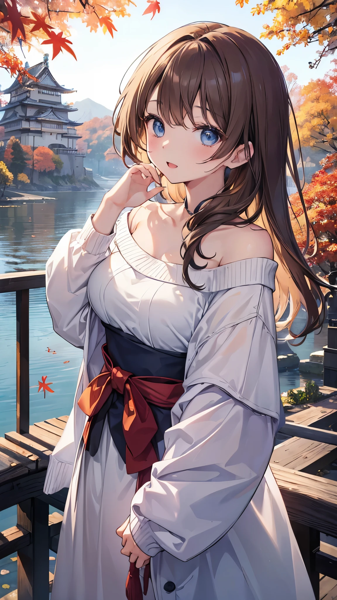 (highest quality), (masterpiece)、(Super detailed)、(beautiful girl alone)、(cute)、20-year-old、Take-out、(evening)、(Promenade in the nature park)、sweater、(off shoulder)、long sleeve、(outdoors)、(Lots of trees with autumn leaves)、light up、light brown hair、(blue eyes)、detailed eye、wide open eyes、detailed face、laughter、please empty your mouth、big breasts、hair length、(upper body shot)、Japanese castle in the background、standing on the bridge、(look up:1.3)
