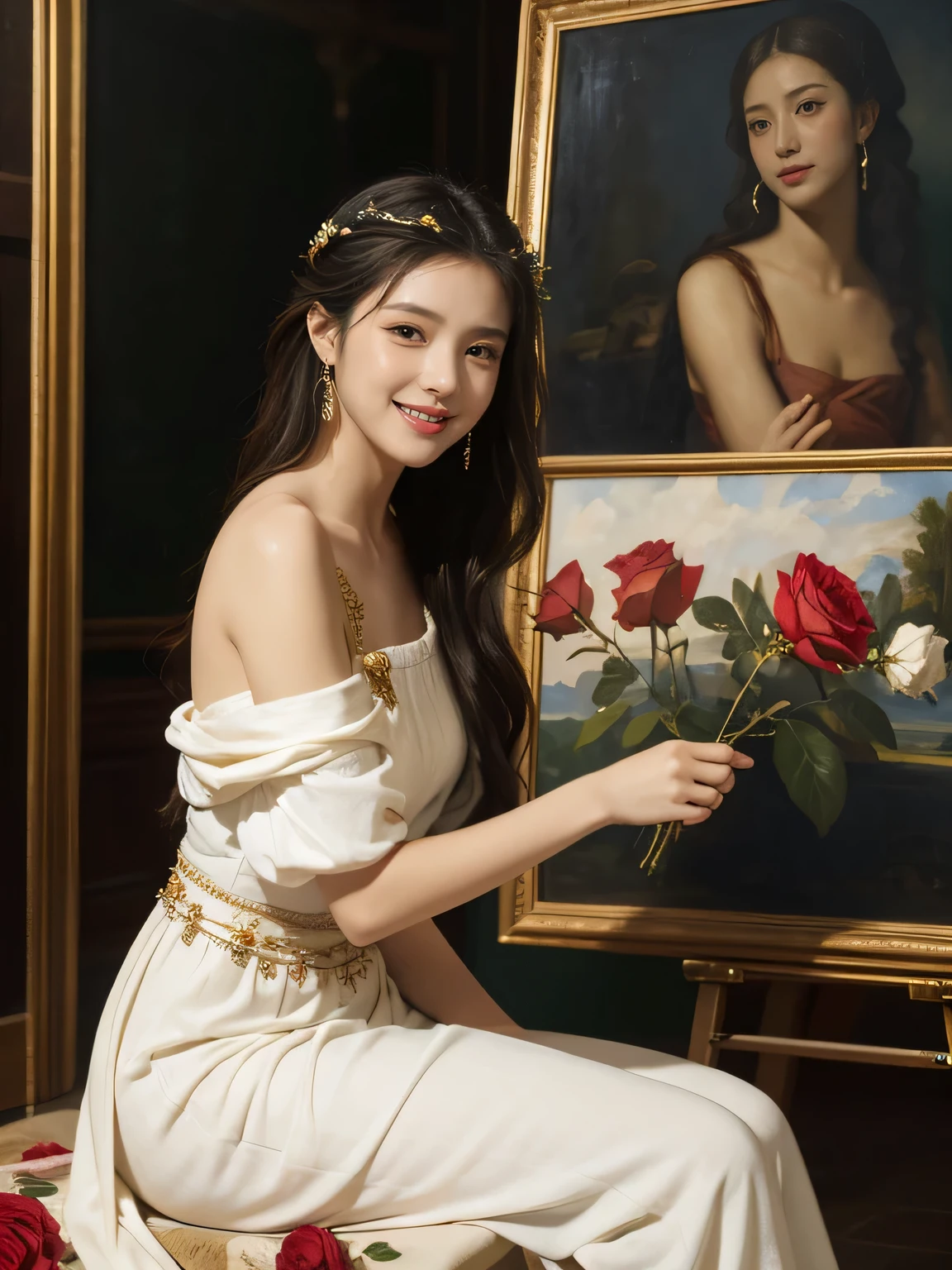 Giorgione painting style,roses in vase、fruits、Cute trinkets、smile、ancient greek costume、Clothes that stretch your shoulders、A big smile、beautiful bare skin,Female painter painting oil in her studio,Woman painting in oil with oil brush and palette,Woman painting oil on canvas
