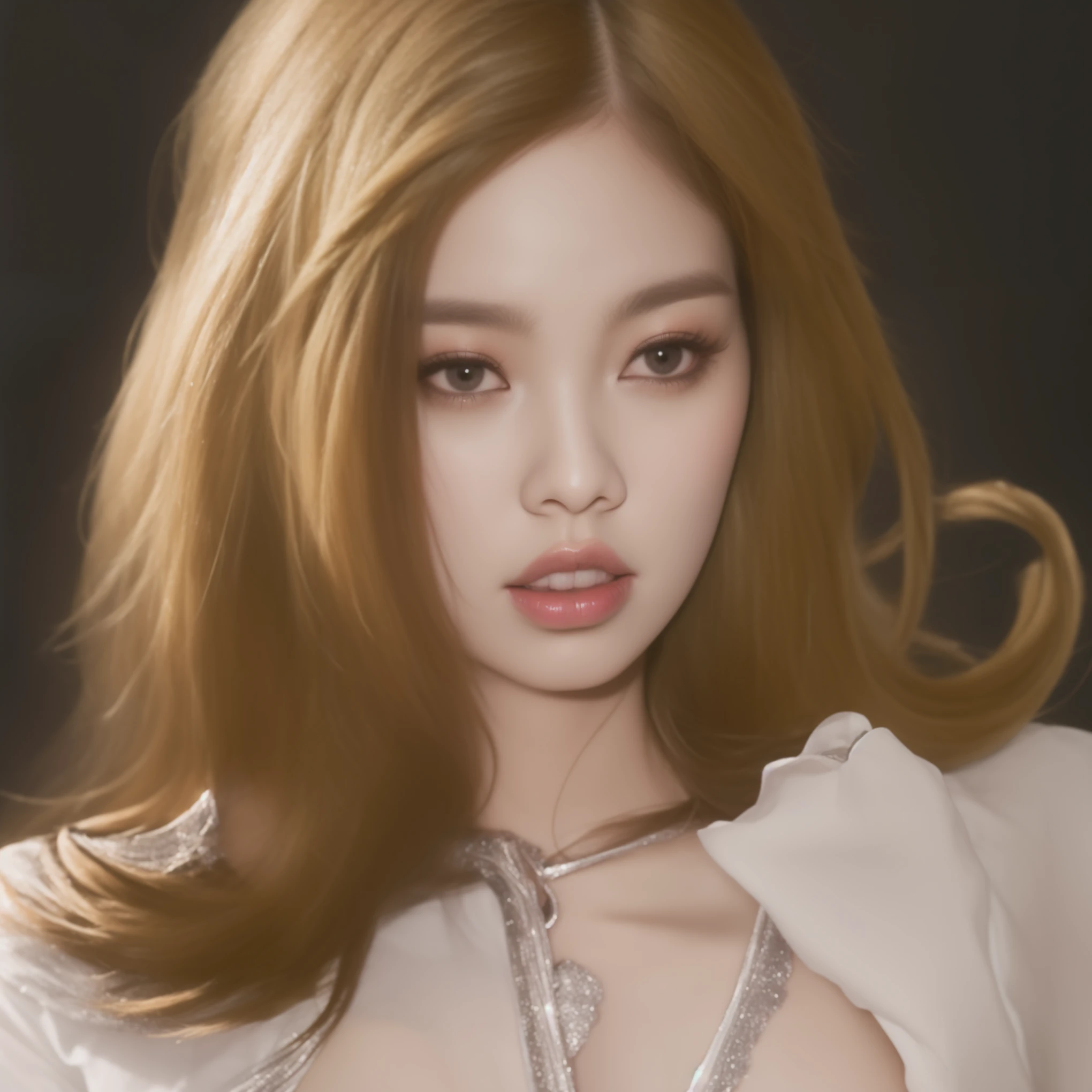 um close de uma mulher com cabelos longos e um vestido branco, jennie blackpink, inspirado em Yanjun Cheng, portrait of jossi do blackpink, no art style by bowater, female korean idol portrait, jossi do blackpink, kpop idol portrait, inspirado em Sim Sa-jeong, obras de arte no estilo de guweiz, arte digital de um elegante