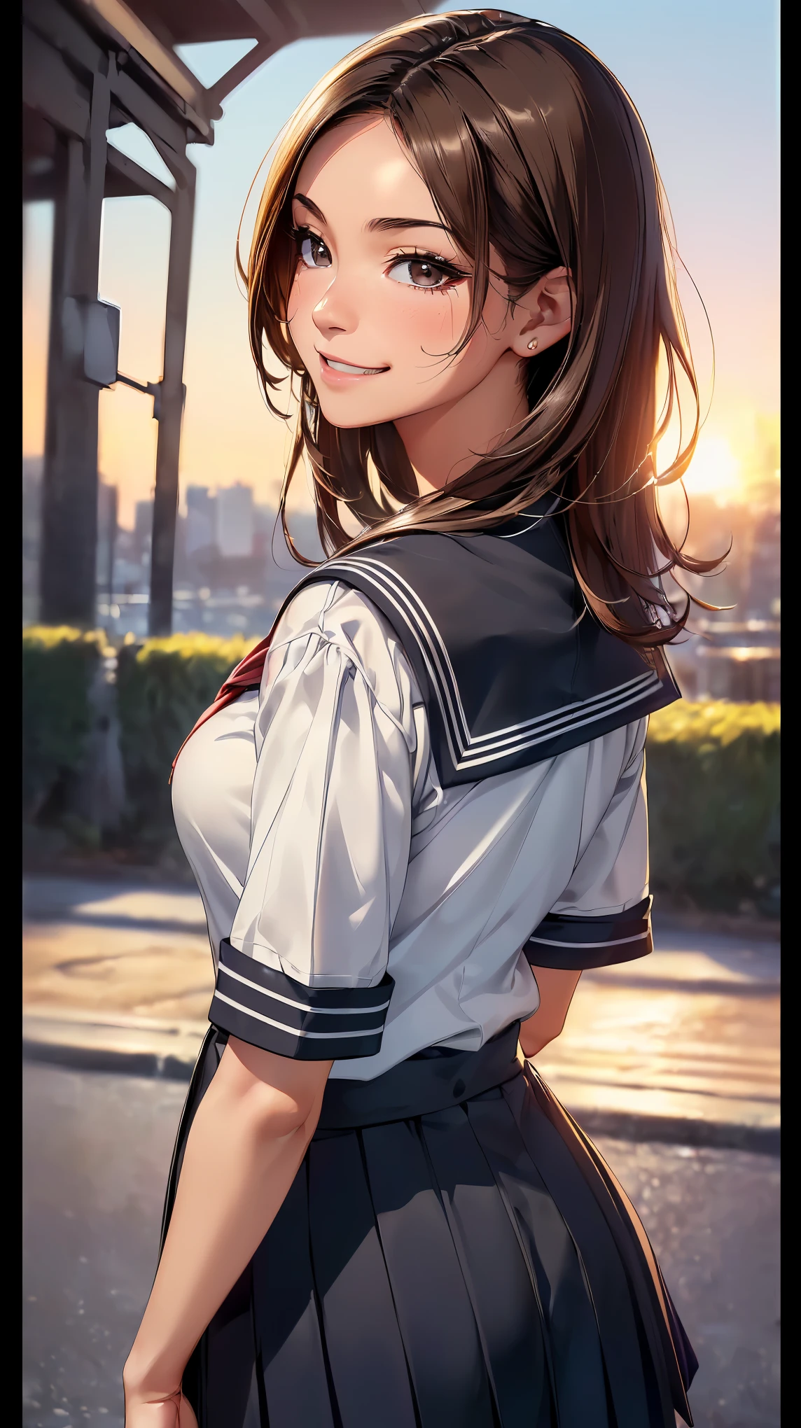 (8k, Super realistic,最high quality, high quality, High resolution, high quality texture, masterpiece:1.2, Highly detailed CG,detailed texture, unreal engine), (small face, realistic facial expression), (high detail skin:1.2), one woman, (brown hair, straight hair, black eye), (slim body shape:1.4, A woman with a slender body and big breasts), very detailed顔と肌の質感, ((turn to the side:1.2)), ((photo shootのためポーズをとる)), (smile:1.5), (((sailor suit, school uniform), ((photo shoot, Standing)), face close up shot:1.2, beautiful skin, shiny skin, perfect fingers, five fingers, anatomically correct, background bokeh, high quality, surreal, bright colors, ((nikon, 50㎜, f/1.8, very detailed, photo shoot)),