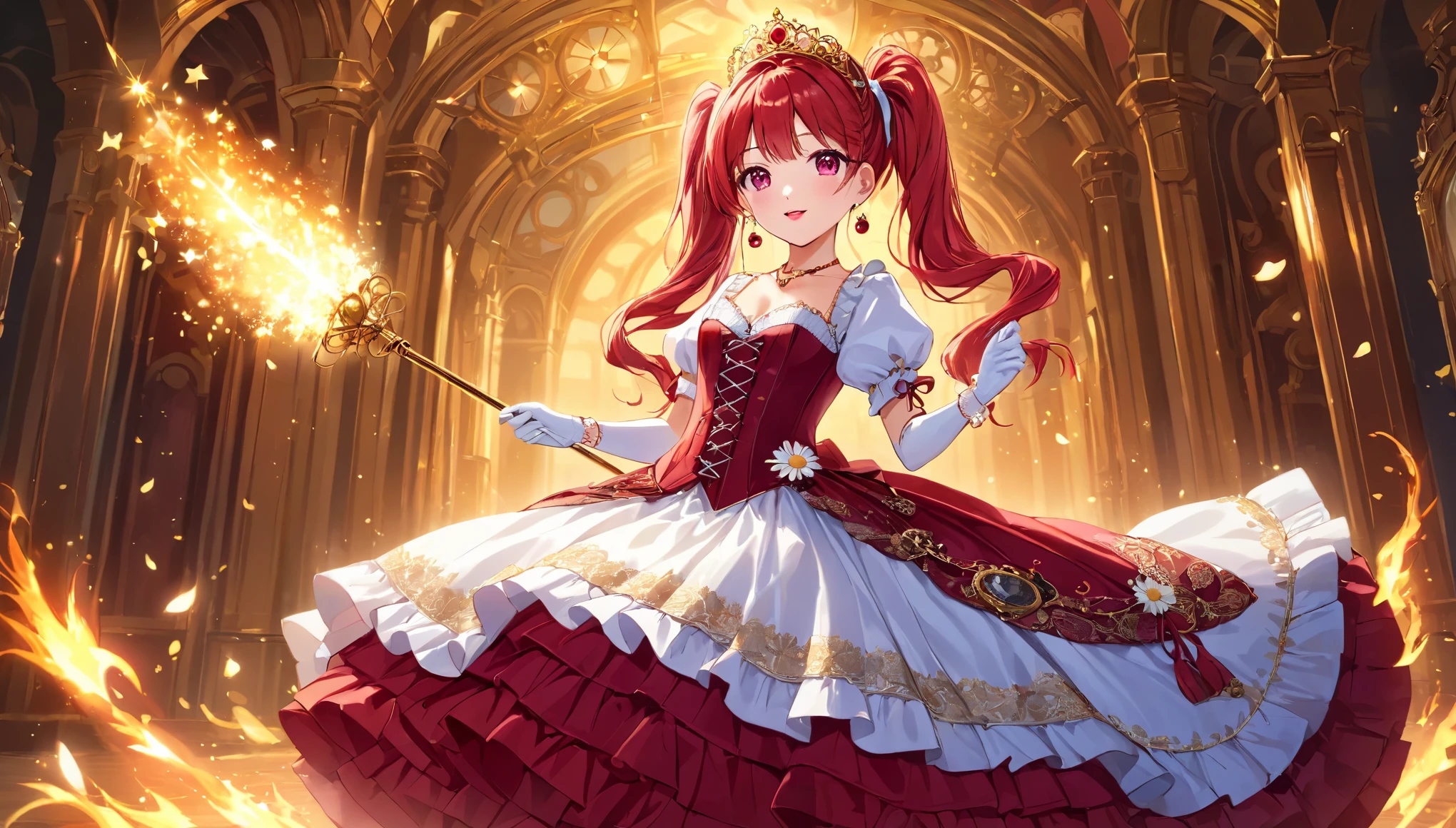 (best quality,4k,8k,highres,masterpiece:1.2),ultra-detailed, portrait of a pretty  princess, drawn in anime style, is cute and happy, long red pigtails hair, pink eyes, small breast, makeup and lipstick, steampunk, red ball gown with puffy sleeves,physically-based rendering,gorgeous dress design,flowing gown,elaborate lace details,rich textures,contrast stitching,delicate ribbon bows,daisies accents on her dress,full skirt,short sleeves,fitted waistline,lace-up back,luxurious fabrics,flawless silhouette, petticoat, bustle, corset, hair ribbons, white elbow gloves, ruby earrings and necklace, gold tiara, high heels, wielding a fire magic wand, standing in castle bedroom, highly detailed, 4K.