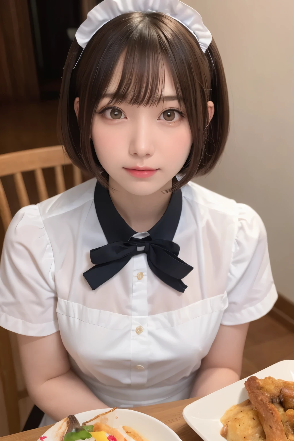 table top, highest quality, one girl, (beautiful girl:1.3), (:1.2), extremely fine-grained clarity, (symmetrical eyes:1.3), (maid costume, Cute Maid:1.2), beautiful breasts, brown eyes, parted bangs, brown hair