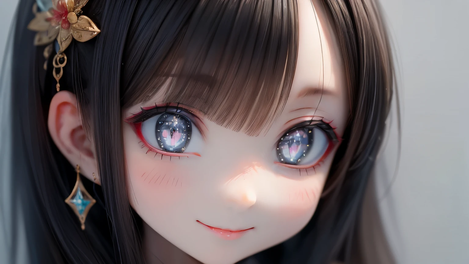 girl with、Clean hair ornament, Cute surreal bodies bien、(Detailed eyes, Eyes Like Gems, Sparkling eyes:1.3) , a smile,  Blue sky,  super close up right eye