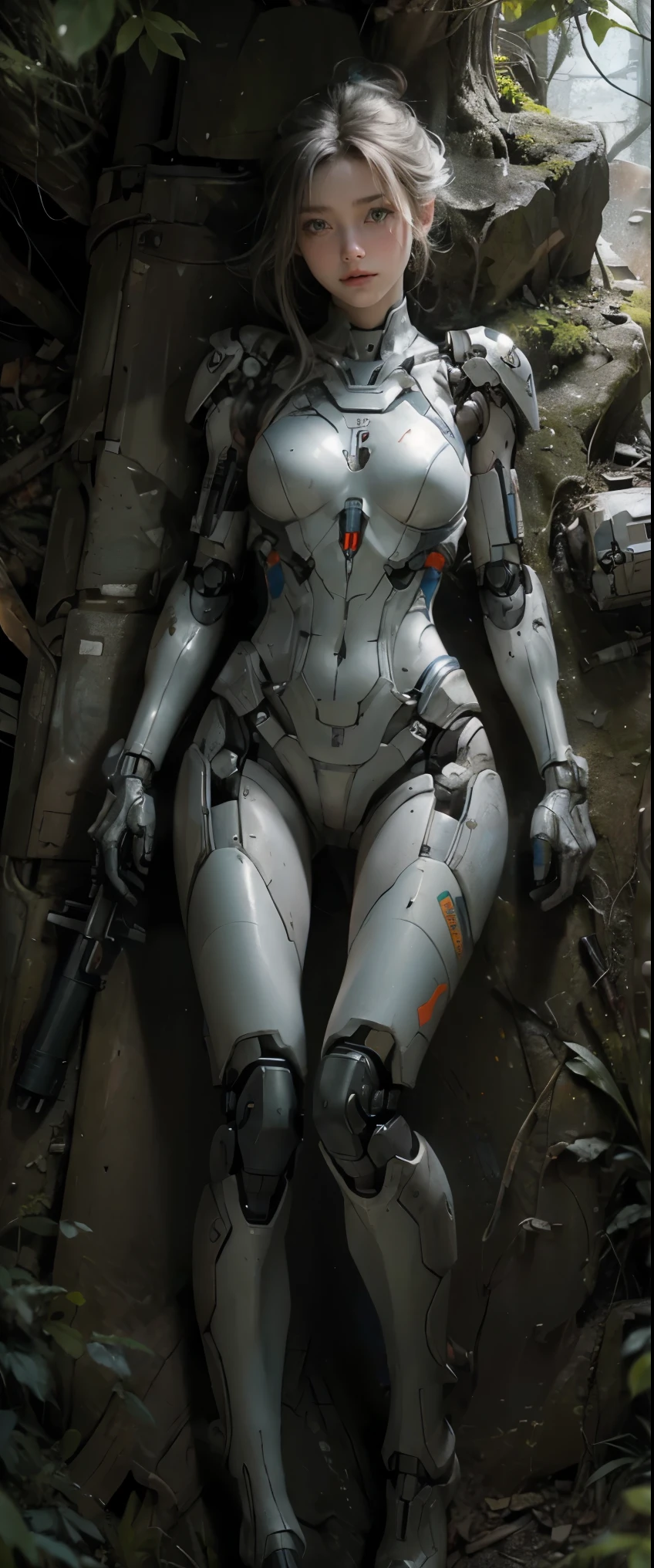 ((masterpiece, highest quality, Highest image quality, High resolution, photorealistic, Raw photo, 8K)), Abandoned robot soldier on battlefield, broken and immobile, rust and moss showing passage of time, female cyborg body, female body, biomechanical , extra detailed body, blowjob white mech, white biomechanical details, detailed body, shiny white armor, cybernetic body, eva unit-00 on back, full body details,