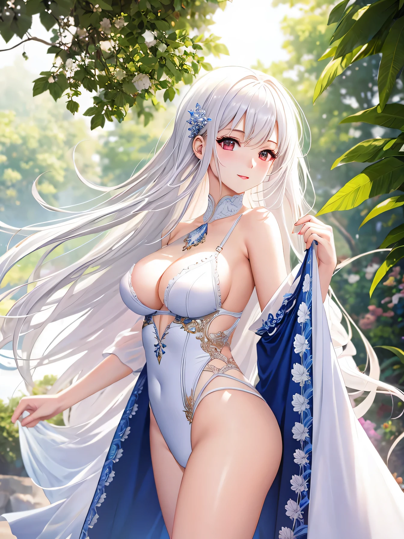 nsfw:1.1, high resolution:1.7, incredibly absurdres, kawaii:1, cute:1.5, hires.fix,anime visual:1,incredibly fine illustration,8k,masterpiece:1.2,best quality, high quality, exquisite, beautiful,insanely detailed, intricate detailed, extremely detailed, Super Definition,ultra high res, Super Resolution, best aesthetic, ultra detailed:1.5,best quality, perfect face, detailed face, masterpiece:1.2, illustration:1.2, 8k cg wallpaper, stunning art,absurdres,octane render,ultra hires,Actress,(Idol),18yo,Beautiful,(Cute and lovely),cute girl,White-haired long-haired royal sister swimsuit，Detailed rendering，extreme picture quality，The light and shadow details are perfectly expressed，Natural light effects，dynamic angle，Brilliant summer sun