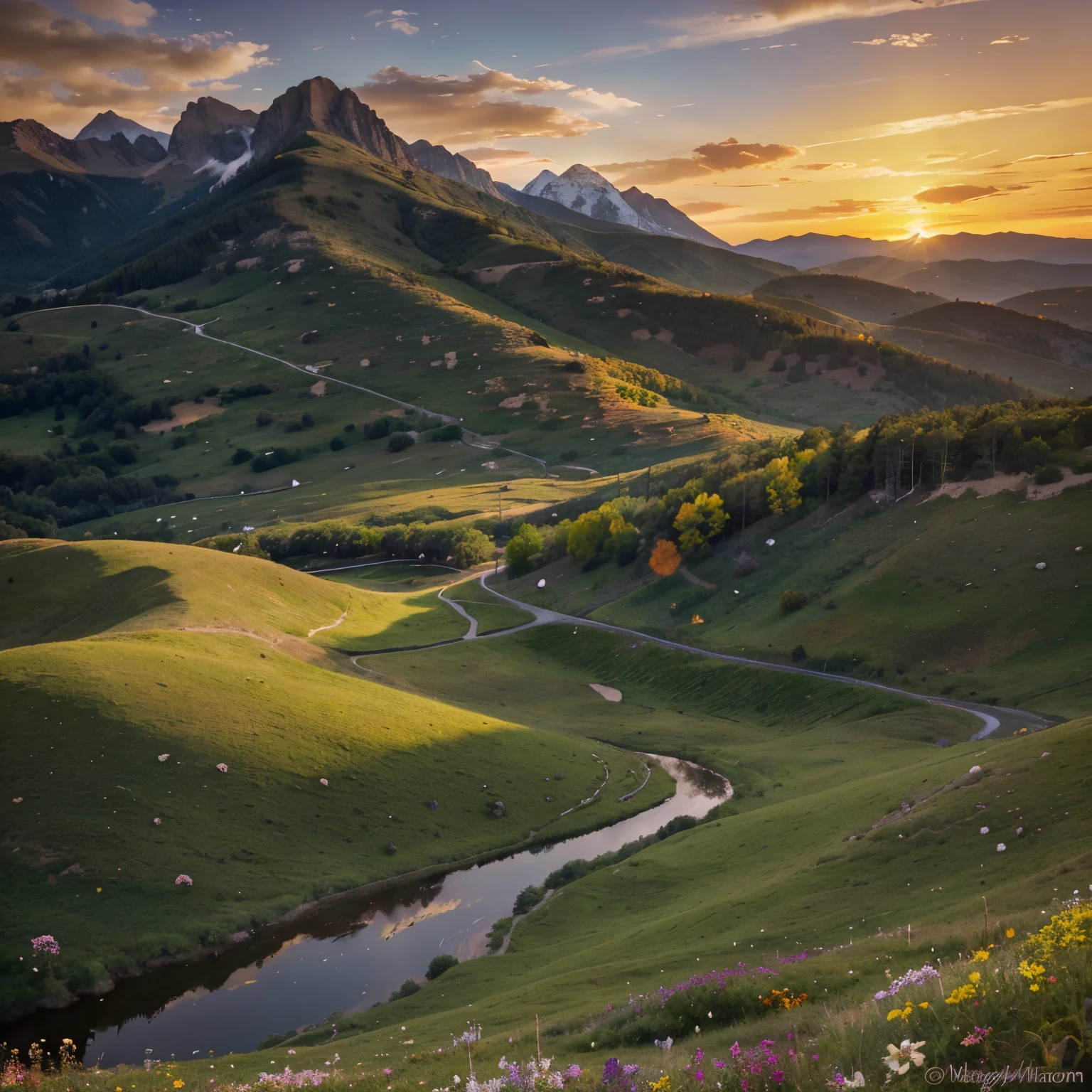  a sprawling landscape at sunset, where the sky transitions seamlessly from fiery oranges and pinks to soft purples and blues. The rolling hills below are a mosaic of lush greens, golden yellows, and rich browns. A tranquil lake reflects the vibrant hues of the sky above, shimmering with a myriad of colors. Wildflowers dot the landscape, each petal a unique shade in the vast palette of nature. In the distance, majestic mountains rise, their peaks kissed by the warm glow of the setting sun, painting the scene with an unparalleled richness and depth.
