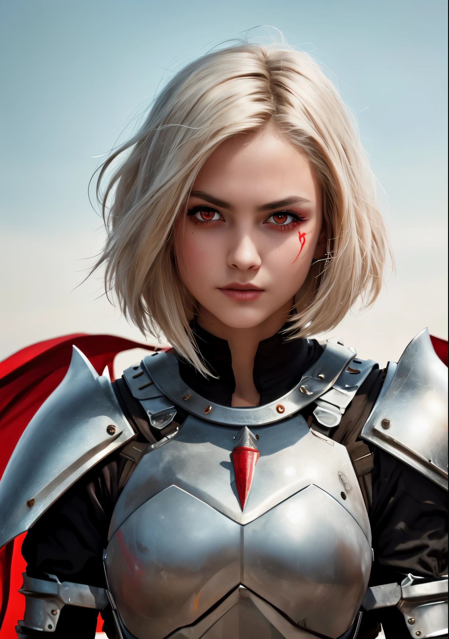 masterpiece , a girl, in a field, ( lite white short hair:1.2), (red eyes:1.2), (Crausader:1.2), (looks at the viewer:1.2) , (8k, best quality 1.2), ultra-detailed, 8k uhd, soft lighting, high quality, film grain, beautiful lighting, cinematic ,perfect body , best illumination, best shadow, sharpness, contrast, red glasses, messy hair, , absurdres high detailed face, steel armour, great sword