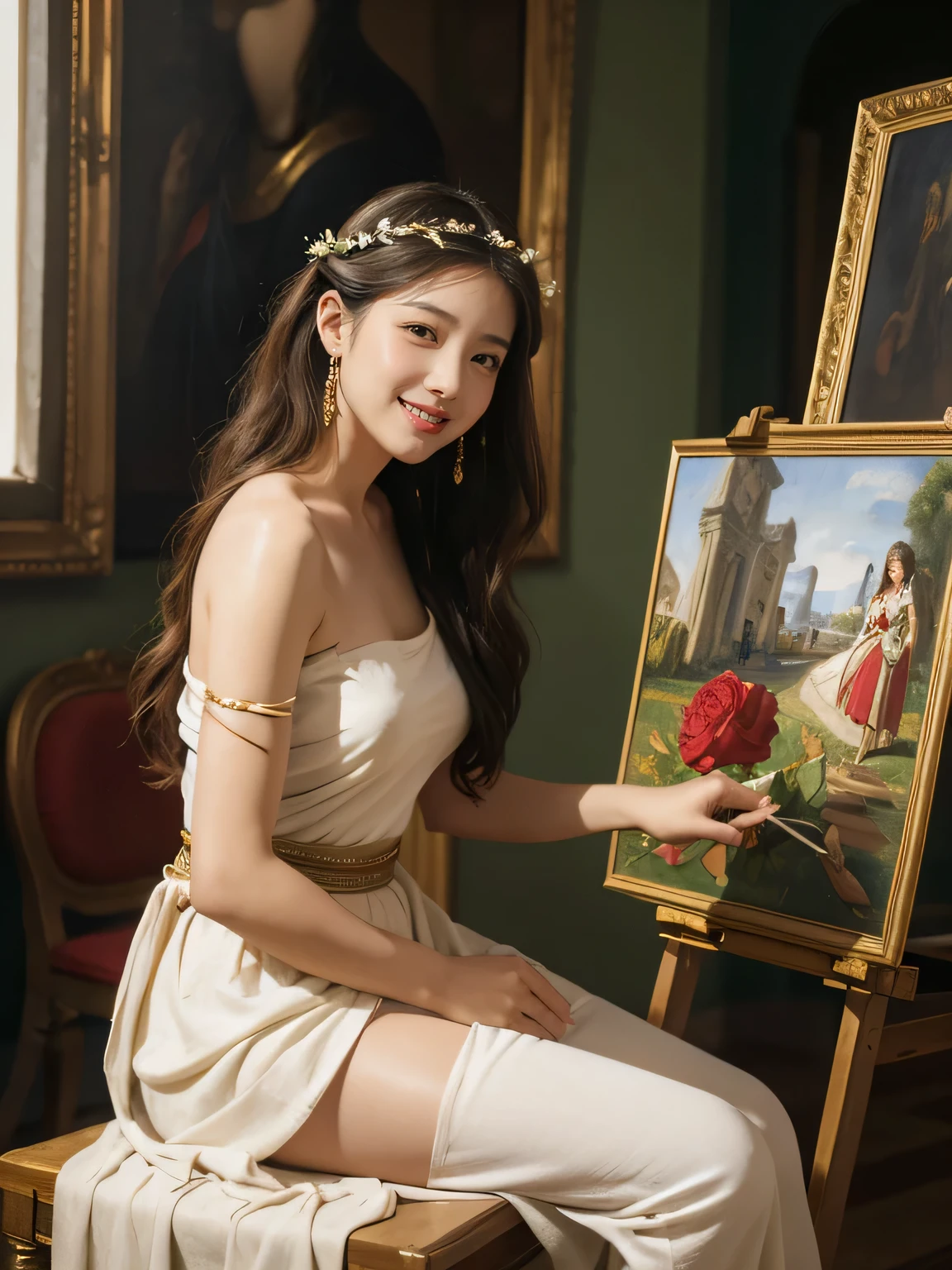 Giorgione painting style,roses in vase、fruits、Cute trinkets、smile、ancient greek costume、Clothes that stretch your shoulders、A big smile、beautiful bare skin,Female painter painting oil in her studio,Woman painting in oil with oil brush and palette,Woman painting oil on canvas