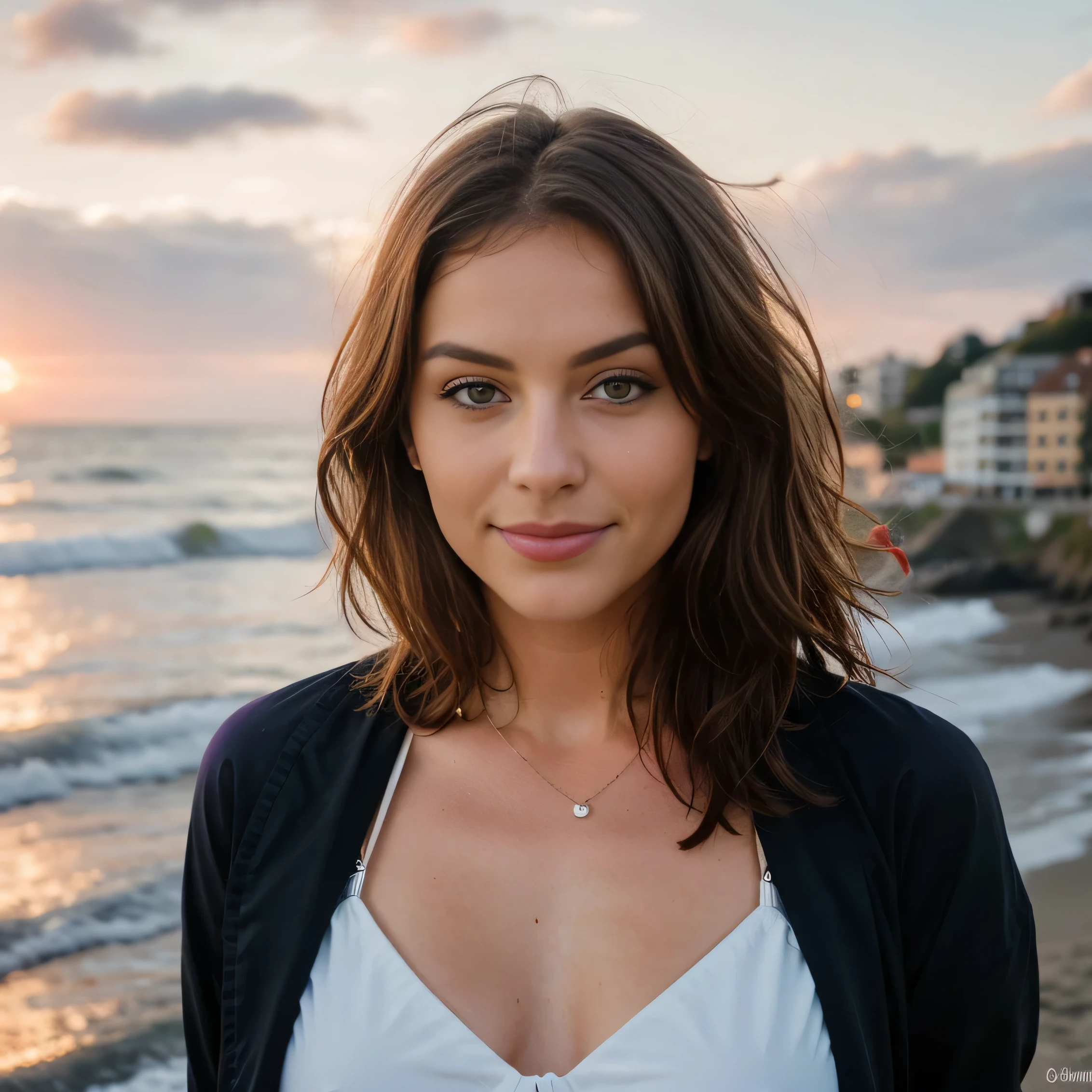 Cute beautiful blonde with purple top (steht am strand bei Sonnenuntergang), sehr detailliert, 21 Jahre alt, unschuldiges Gesicht, naturally wavy hair, blaue Augen, high-res, Meisterwerk, best qulaity, komplizierte Details, sehr detailliert, scharf Fokus, detaillierte Haut, realistische Hauttextur, Textur, detaillierte Augen, professionell, 4k, charming smile, aufgenommen mit Canon, 85 mm, light depth of field, Kodak Vision-Farbe, perfectly fitting body, extrem detailliert, Foto_\(ultra\), fotorealistisch, realistisch, Nachbearbeitung, maximale Details, Rauheit, echtes Leben, ultrarealistisch, Fotorealismus, Fotografie, 8k uhd, Fotografie