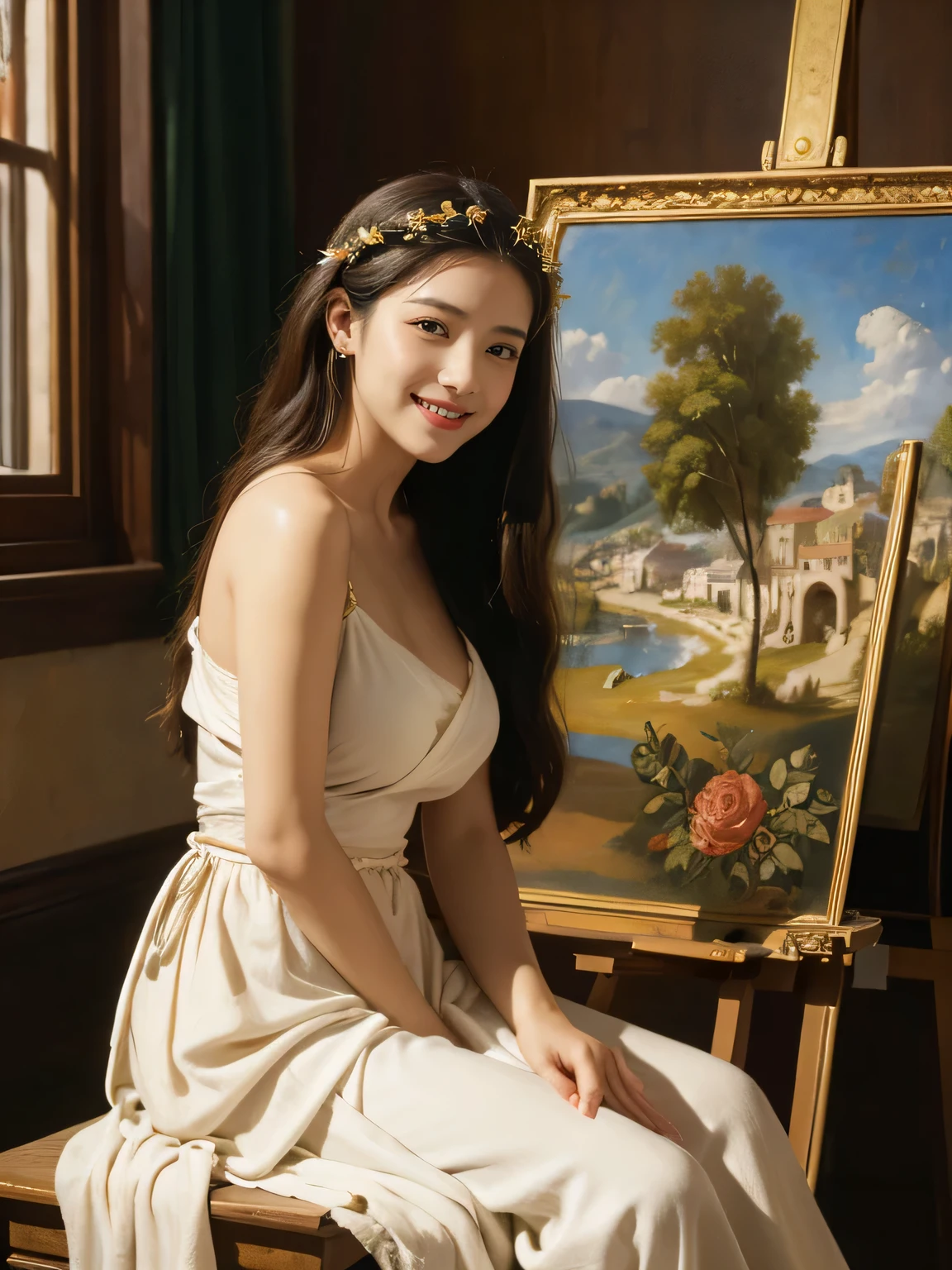 Giorgione painting style,roses in vase、fruits、Cute trinkets、smile、ancient greek costume、Clothes that stretch your shoulders、A big smile、beautiful bare skin,Female painter painting oil in her studio,Woman painting in oil with oil brush and palette,Woman painting oil on canvas