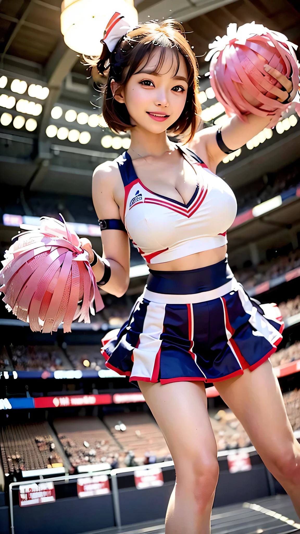(RAW shooting:1.2)、(photorealistic:1.4)、(masterpiece:1.3)、(highest quality:1.4)、beautiful japanese woman、7 head and body、Beautiful eyes in every detail、eyelash、beautiful double eyelids、eye shadow、perfect eye makeup、solo、cute、(cute:1.2)、(gentle smile:1.2)、Expression of excitement、(short bob:1.2)、fluffy hair、(angle from below:1.3)、(full body shot)、more skin、(Medium chest:1.3)、beautiful breasts、(cleavage)、(cheerleader:1.5)、(mini skirt)、beautiful and thin legs、(beautiful woman with perfect body:1.3)、shiny skin、(Lively poses like cheerleading:1.5)、(Holding a large pom-pom in each hand:1.3)、jumping、look at the camera、stadium、night time、sexy navel、skinny legs、thin eyebrows、(very sexy:1.3)、Bokeh、