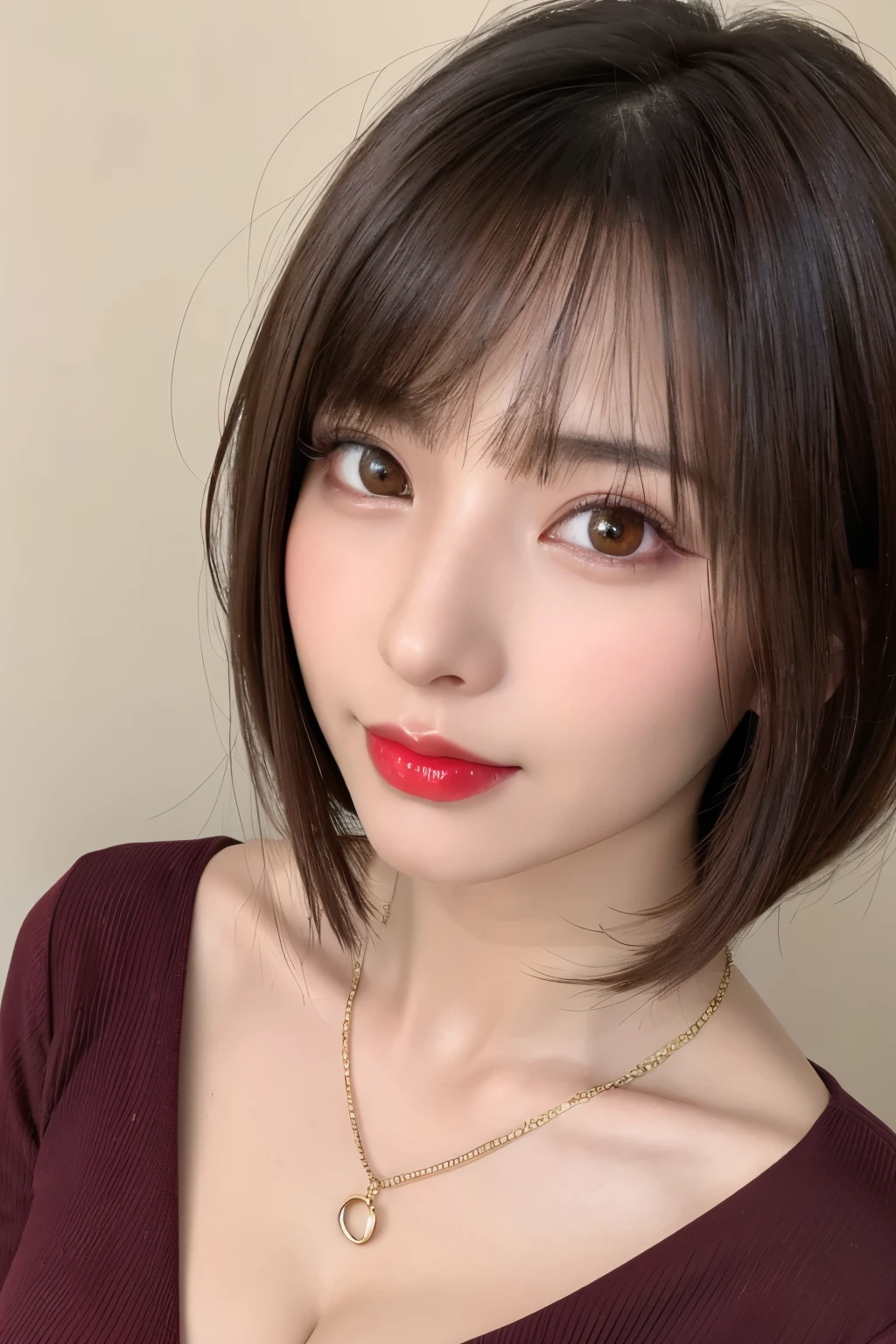 (highest quality、table top、8k、best image quality、Award-winning work)、(one young girl, :1.3)、(Perfect V-neck red long knit sweater:1.2)、(red eyeshadow:1.2)、perfect makeup、long eyelashes、Super high-definition sparkling eyes、ultra high definition hair、ultra high resolution glossy lips、Super high resolution perfect teeth、Super high resolution cute face、brown hair、(very short straight hair:1.1)、look at me and smile、[clavicle]、accurate anatomy、(close up of face:1.5)、Luxury love hotel、(The most moody warm lighting:1.2)、blurred background、With bangs、Super high-resolution glossy and moisturized face、Super high resolution glowing skin、most detailed face、Ultra high resolution detailed faces、ultra high resolution hair、Super high resolution sparkling eyes、Beautiful face drawn in every detail、Super high resolution glossy red lips、big breasts、cleavage、Fashionable necklaces