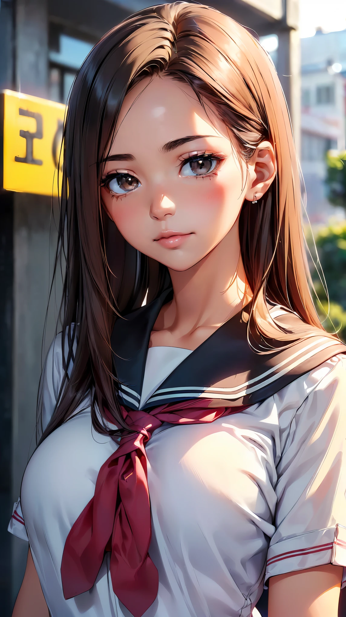 (8k, Super realistic,最high quality, high quality, High resolution, high quality texture, masterpiece:1.2, Highly detailed CG,detailed texture, unreal engine), (small face, realistic facial expression), (high detail skin:1.2), one woman, (brown hair, straight hair, black eye), (slim body shape:1.4, A woman with a slender body and big breasts), very detailed顔と肌の質感, ((turn to the side:1.2)), ((photo shootのためポーズをとる)), (smile:1.5), (((sailor suit, school uniform), ((photo shoot, Standing)), face close up shot:1.2, beautiful skin, shiny skin, perfect fingers, five fingers, anatomically correct, background bokeh, high quality, surreal, bright colors, ((nikon, 50㎜, f/1.8, very detailed, photo shoot)),