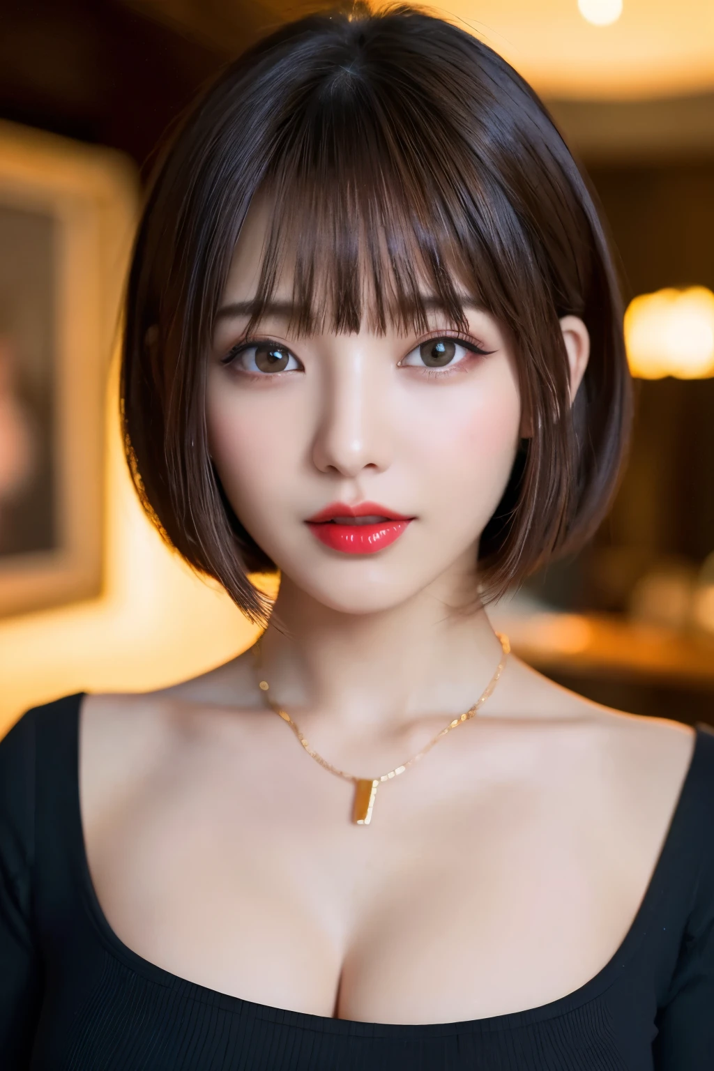 (highest quality、table top、8k、best image quality、Award-winning work)、(one young girl, :1.3)、(Perfect V-neck red long knit sweater:1.2)、(red eyeshadow:1.2)、perfect makeup、long eyelashes、Super high-definition sparkling eyes、ultra high definition hair、ultra high resolution glossy lips、Super high resolution perfect teeth、Super high resolution cute face、brown hair、(very short straight hair:1.1)、look at me and smile、[clavicle]、accurate anatomy、(close up of face:1.5)、Luxury love hotel、(The most moody warm lighting:1.2)、blurred background、With bangs、Super high-resolution glossy and moisturized face、Super high resolution glowing skin、most detailed face、Ultra high resolution detailed faces、ultra high resolution hair、Super high resolution sparkling eyes、Beautiful face drawn in every detail、Super high resolution glossy red lips、big breasts、cleavage、Fashionable necklaces