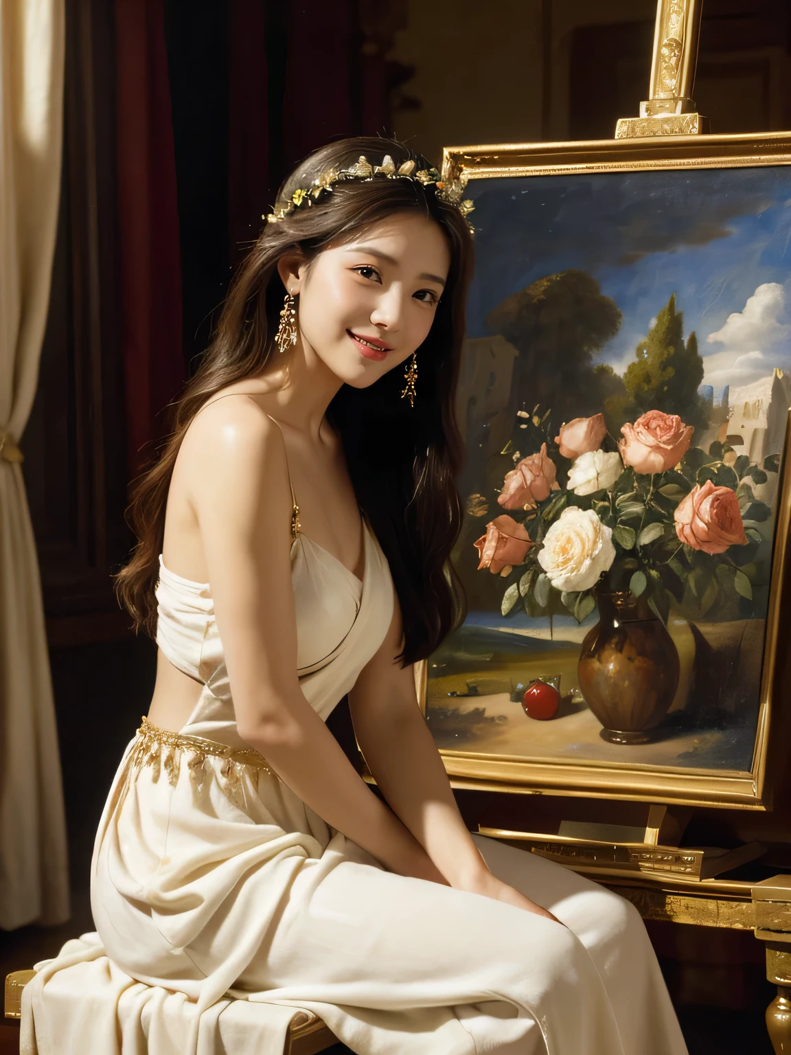 Giorgione painting style,roses in vase、fruits、Cute trinkets、smile、ancient greek costume、Clothes that stretch your shoulders、A big smile、beautiful bare skin,Female painter painting oil in her studio,Woman painting in oil with oil brush and palette,Woman painting oil on canvas