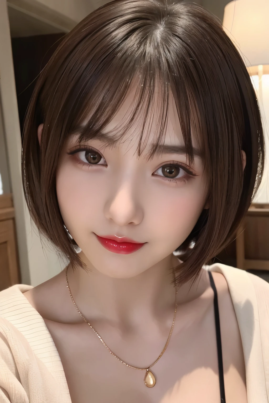 (highest quality、table top、8k、best image quality、Award-winning work)、(one young girl, 14 years old:1.3)、(Perfect V-neck red long knit sweater:1.2)、(red eyeshadow:1.2)、perfect makeup、long eyelashes、Super high-definition sparkling eyes、ultra high definition hair、ultra high resolution glossy lips、Super high resolution perfect teeth、Super high resolution cute face、brown hair、(very short straight hair:1.1)、look at me and smile、[clavicle]、accurate anatomy、(close up of face:1.5)、Luxury love hotel、(The most moody warm lighting:1.2)、blurred background、With bangs、Super high-resolution glossy and moisturized face、Super high resolution glowing skin、most detailed face、Ultra high resolution detailed faces、ultra high resolution hair、Super high resolution sparkling eyes、Beautiful face drawn in every detail、Super high resolution glossy red lips、big breasts、cleavage、Fashionable necklaces