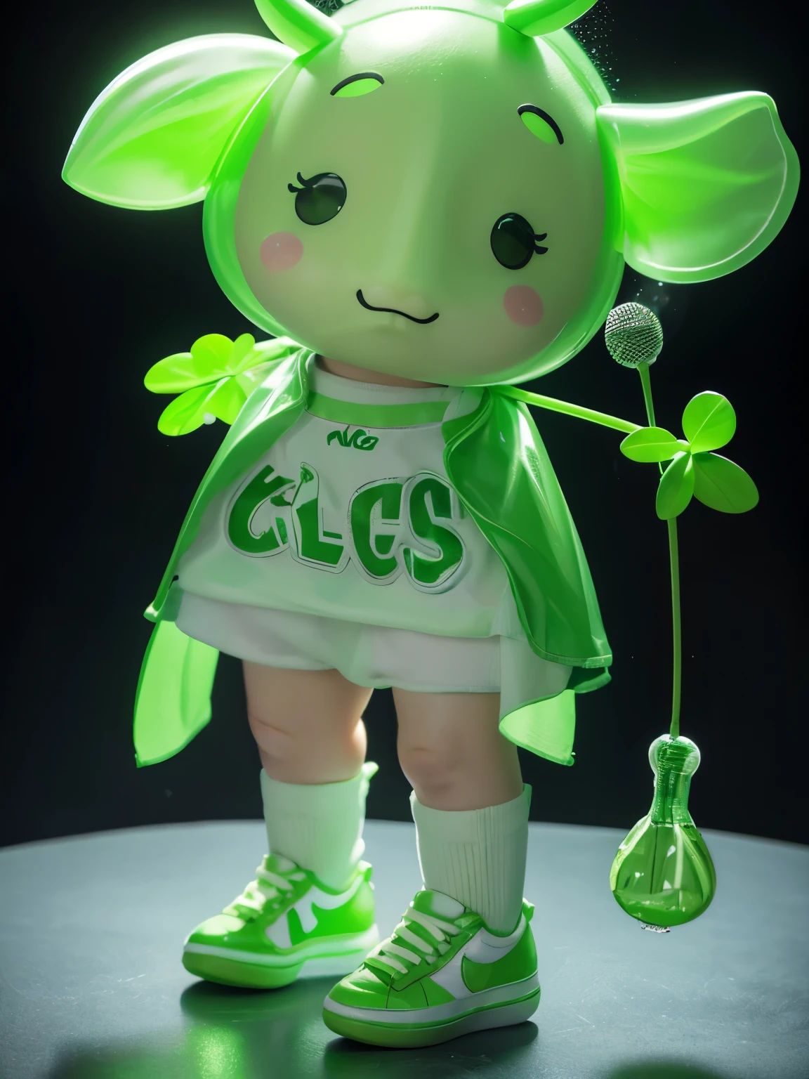 A cow holding green shoots，cow wearing clothes，Green seedlings hanging with dewdrops，Fluorescent translucent sports fashion clothing，Wearing big shiny mic shoes，chibi，Pixar，candy color，cyberpunk style，3D toy，fashion trends，full body，niji